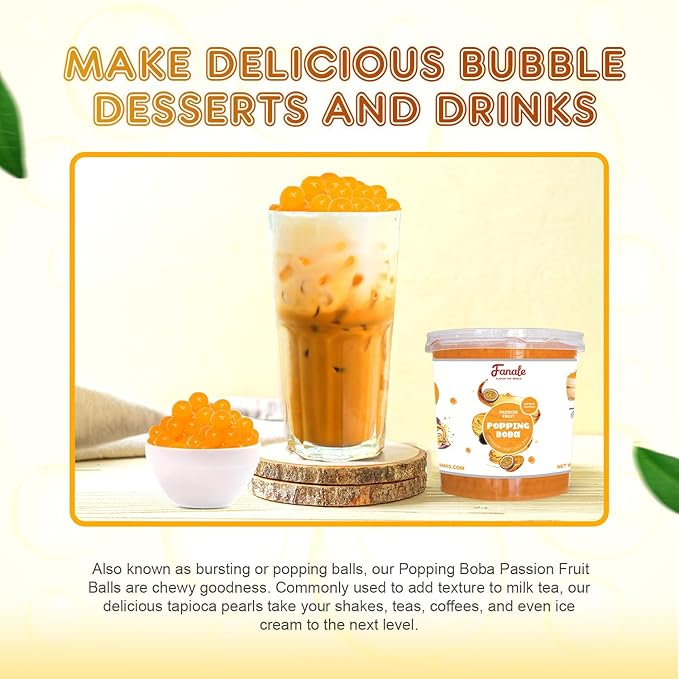 Fanale Passion Fruit Popping Boba Pearls, Vegan, Non GMO, Gluten Free, Fat Free, Perfect for Bubble Tea, Smoothies, Ice Cream, Desserts, and Beverages.