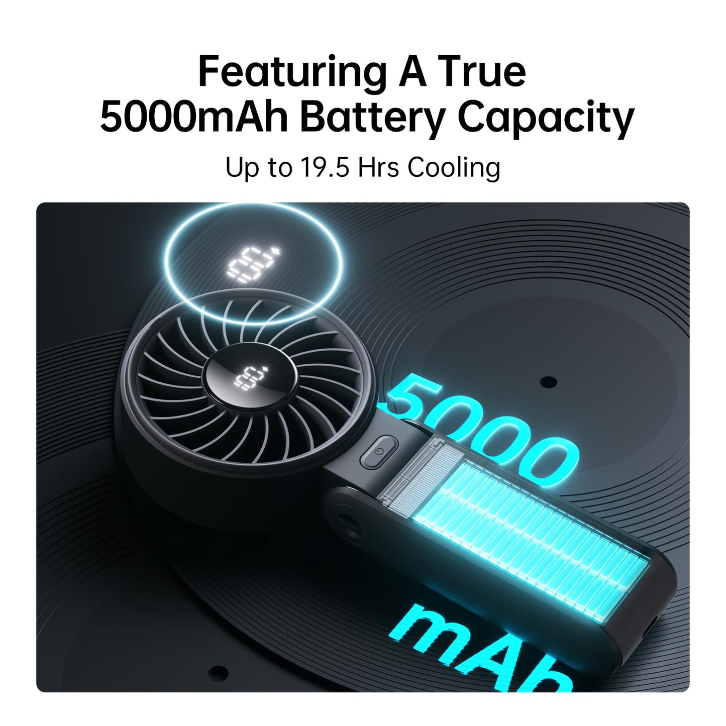 JISULIFE Handheld Fan Life7 – Ultimate Flexibility: High-Power Motor, LED Display, 19.5 Hrs Cooling, 5000mAh Rechargeable, 5-Speed, Foldable Design, 3-IN-1 Portable Fan for Travel Cruise Beach(Black)