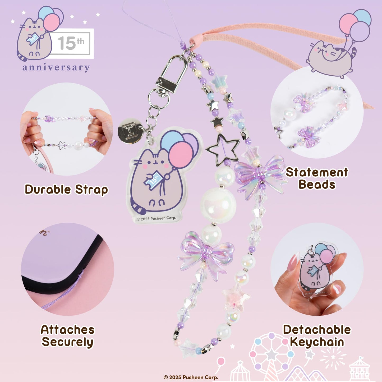 iFace Pusheen the Cat Beaded Wristlet Universal Charm Strap [15th Anniversary Special Limited Edition] - Cute Wrist Straps for Cell Phone Camera Keys AirPods