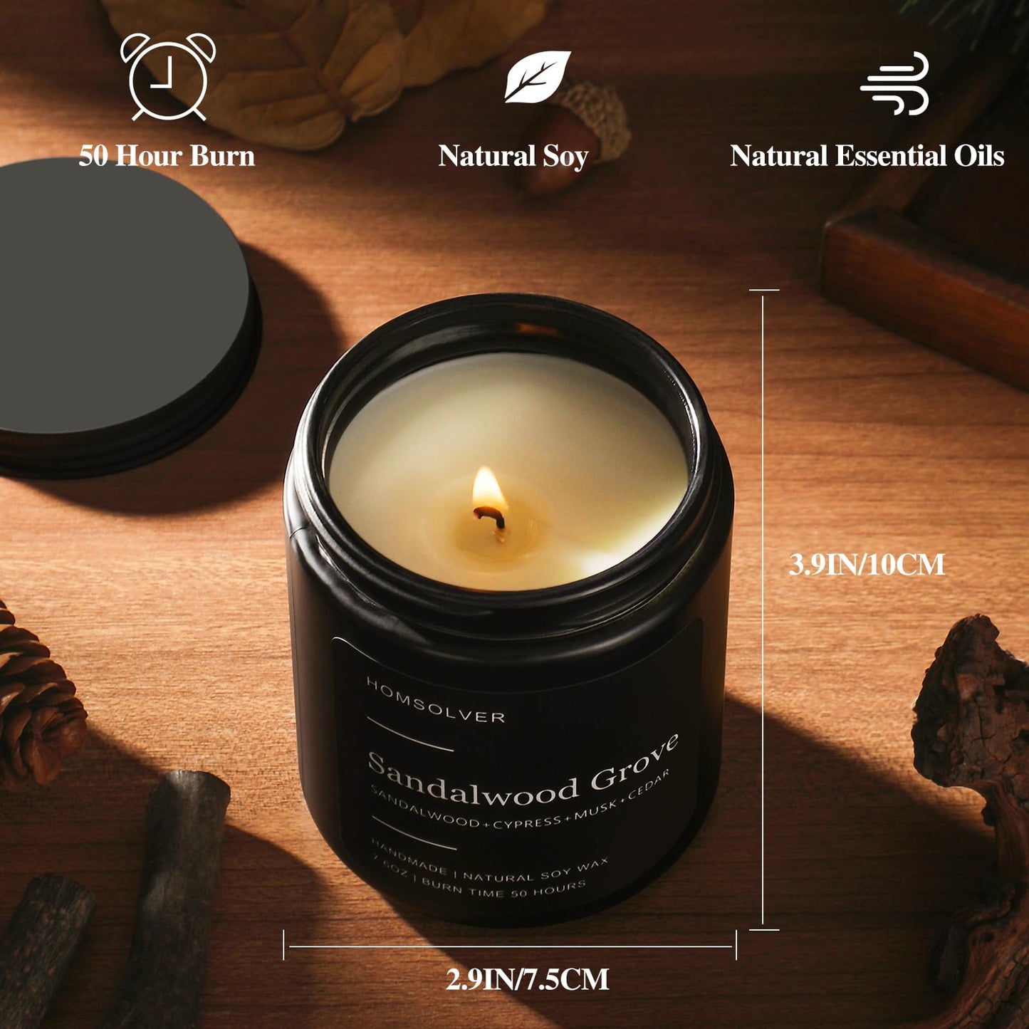 Homsolver Set of 4 Scented Candles for Home Decor, Candle Gifts for Dad Men Him, 200Hours Burn Tine, Vanilla, Lavender, Sandalwood, Eucalyptus Scented with Black Jar