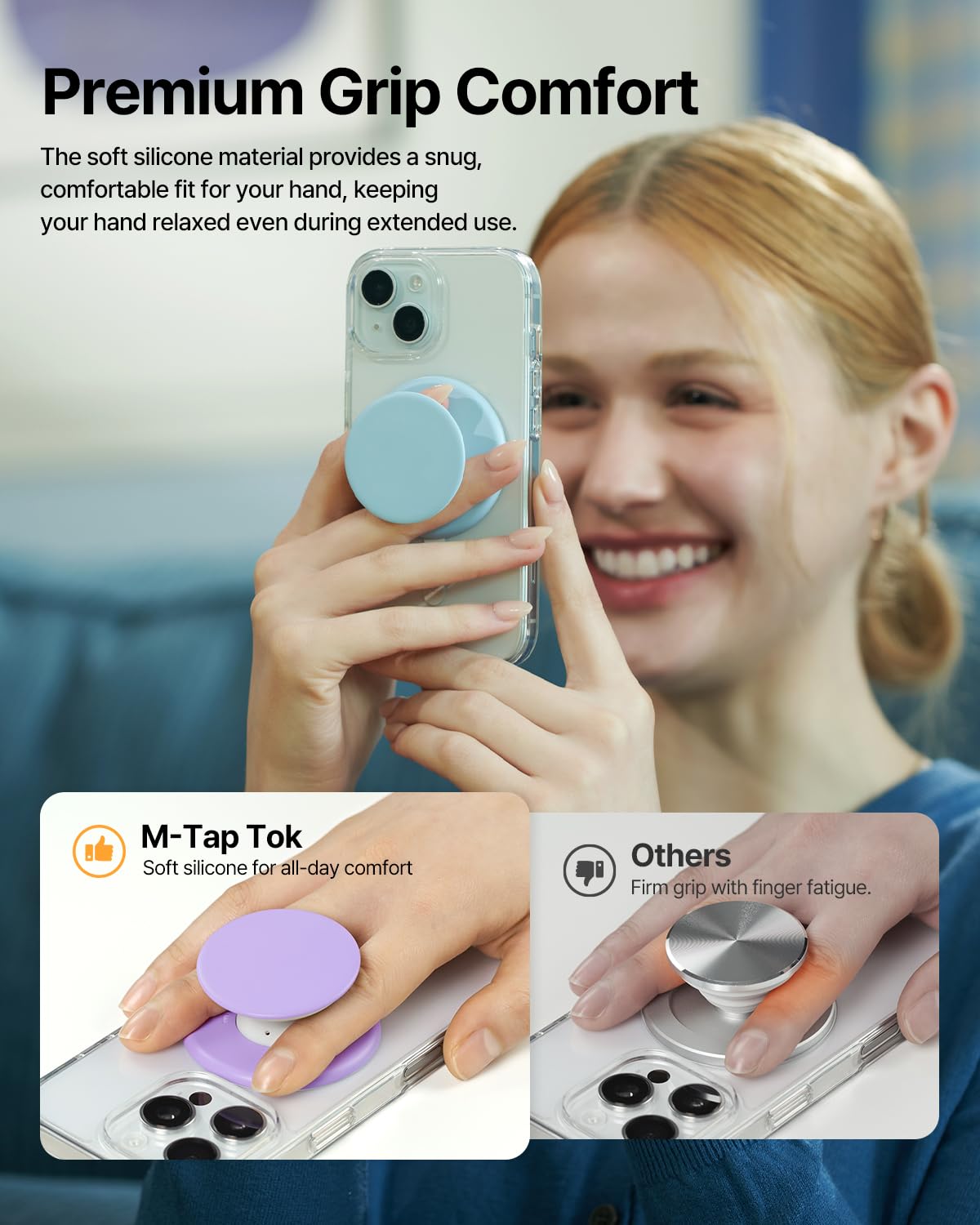 Sinjimoru for MagSafe Phone Grip, Soft Silicone Magnetic Finger Grip for iPhone 16/15/14/13/12, Comfortable One-Touch Holding, M-Tap Tok Black