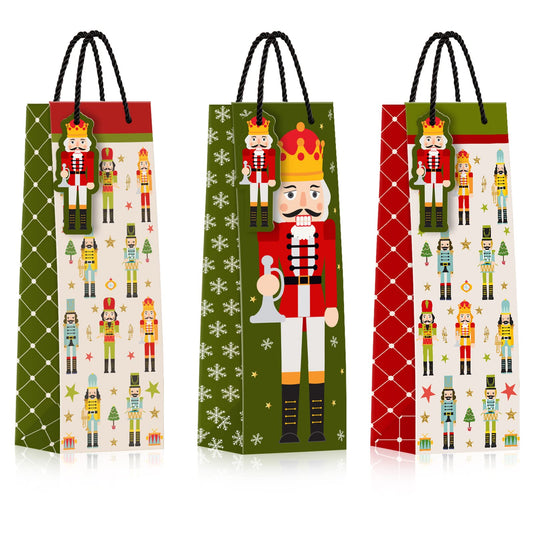 Whaline 12Pcs Christmas Wine Bottle Gift Bags Christmas Nutcracker Bottle Bag with Name Tag Xmas Paper Wine Bag with Handle for Winter Wedding Party Favor Hostess Gift Home Table Decoration