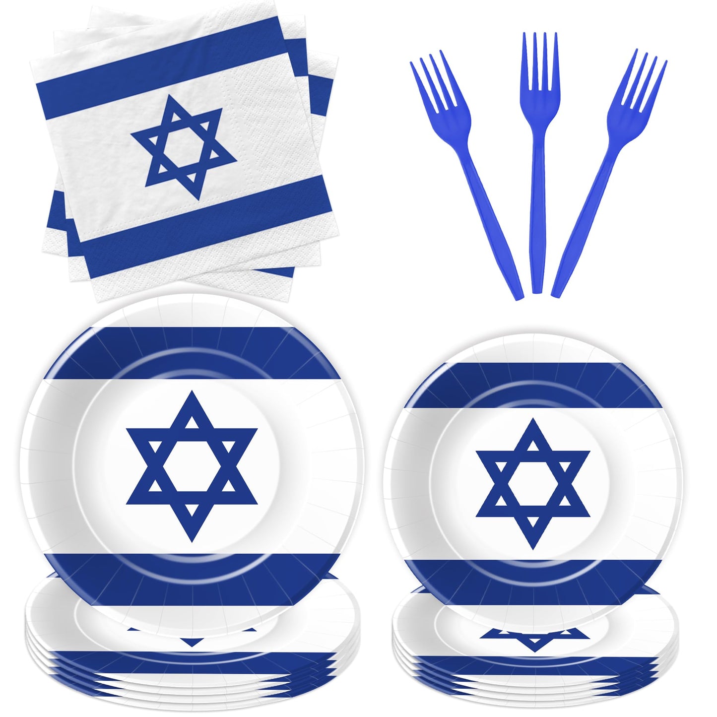 FVABO Israel Flag Party Decorations Tableware, Israeli Flag Party Supplies, Paper Plate, Napkin, Fork, for Israeli Independence Day or Jewish Patriotic Holiday, Serves 24