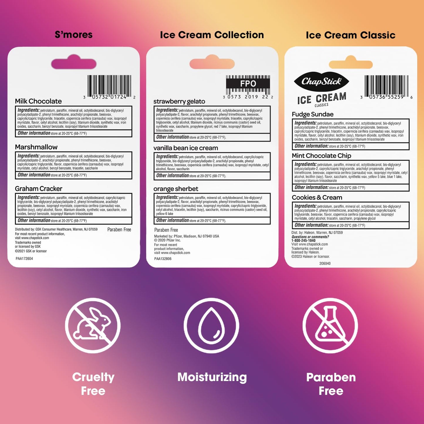 ChapStick Lip Balm, Ice Cream Collection 3-Pack, Ice Cream Classics 3-Pack + S’mores Collection – Fun & Flavorful Lip Care, Birthday Gift, Party Favors, Stocking Stuffers, 0.15 Oz Ea