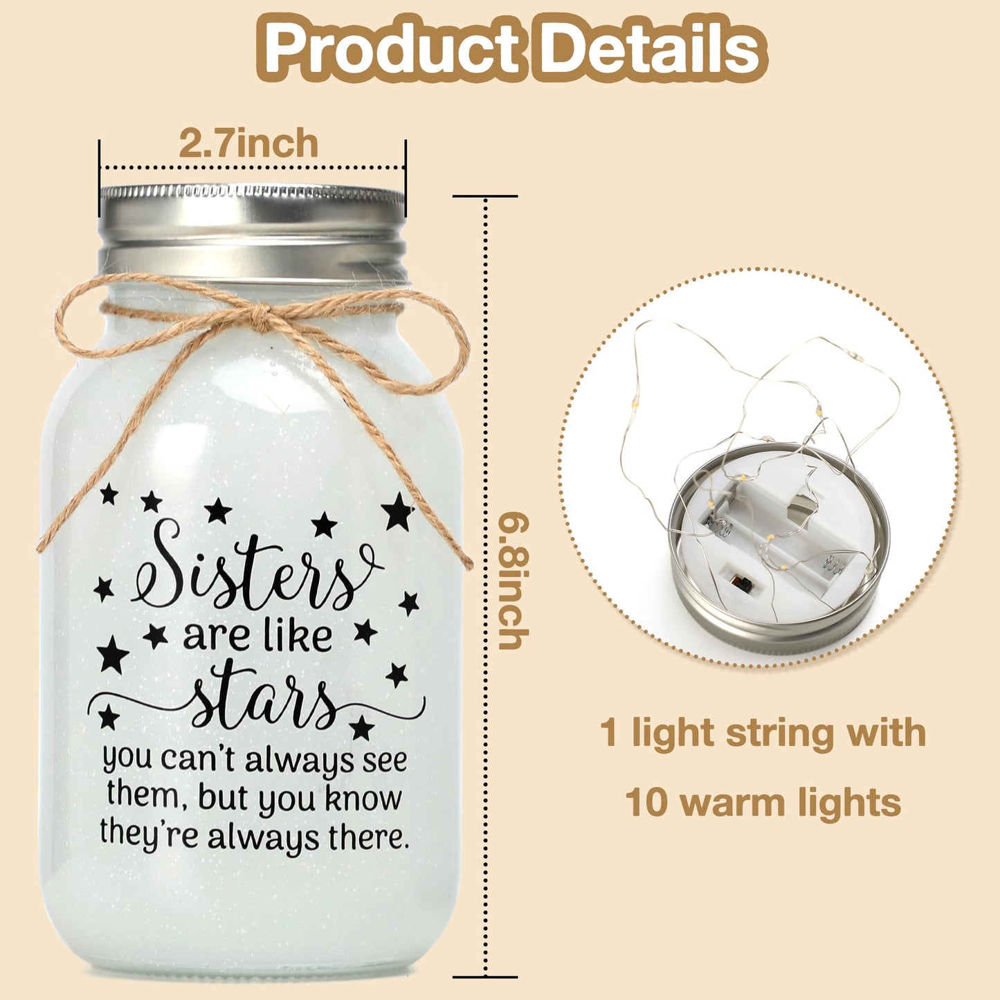 Mason Jar Night Lights for Sister, Sister Birthday Gifts, Christmas Sisters Gifts from Sister, Mason Jar with Warm Lights, Gift for BFF, Bestie, Best Friends