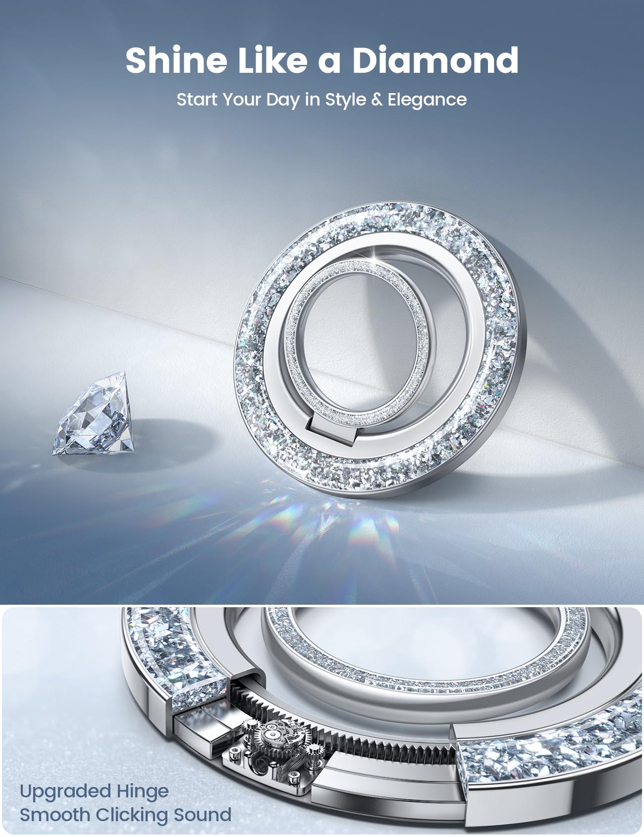 Lamicall Magnetic Phone Ring for MagSafe Grip - 2025 [Super Magnet] Stylish Twinkle Ring Holder Stand with [Upgrade Gear Hinge], Mag Safe Accessory for iPhone 16 15 14 13 Pro Max Plus, Glitter Silver