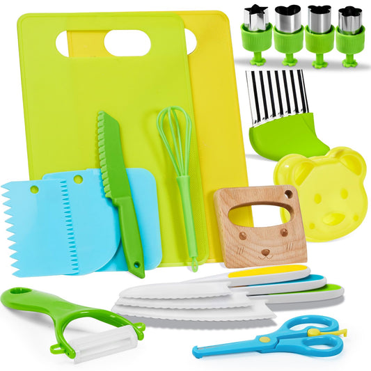Olanrun 19 PCS Kids Cooking Sets Real Montessori Kitchen Toys for Toddler Girl Boy 3 4 5 6 7 8 9 10 11 12 Year Old, Kids Kitchen Knife Set Birthday Stocking Stuffers for Kid Toddler