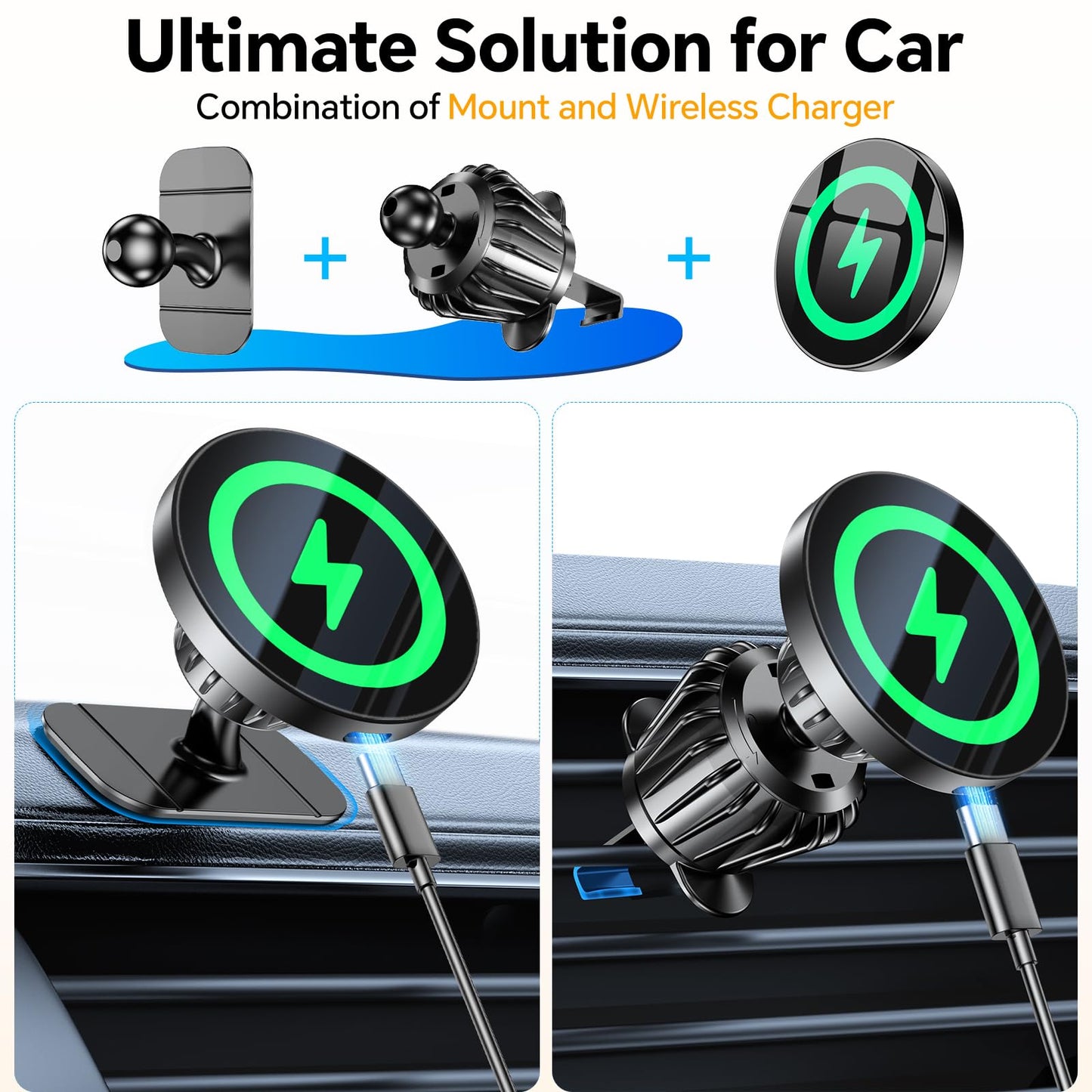 Coolpow for Magsafe Car Mount Charger【100% Stable】 15W Magsafe Car Charger Magnetic Phone Holders for Your Car Accessories for Women Men Car Phone Holder Wireless Car Charger for iPhone 16 Pro Max 15