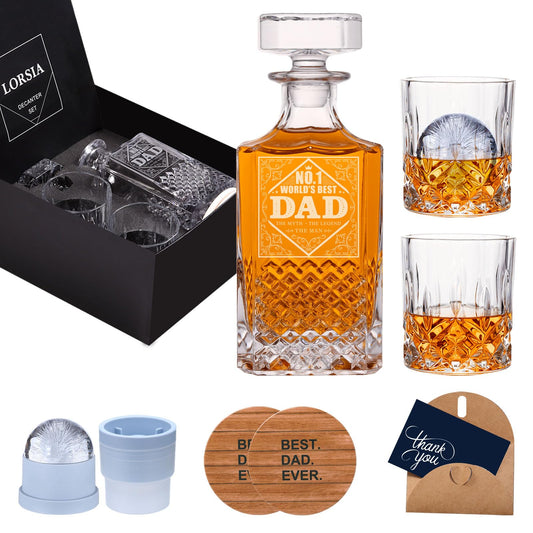 Gifts for Dad Men, Whiskey Decanter Set with Gift Box, Unique Christmas Gift from Daughter or Son, Perfect Birthday and Retirement Present for Men - Includes 2 Ice Molds, 2 Coasters, and a Gift Card