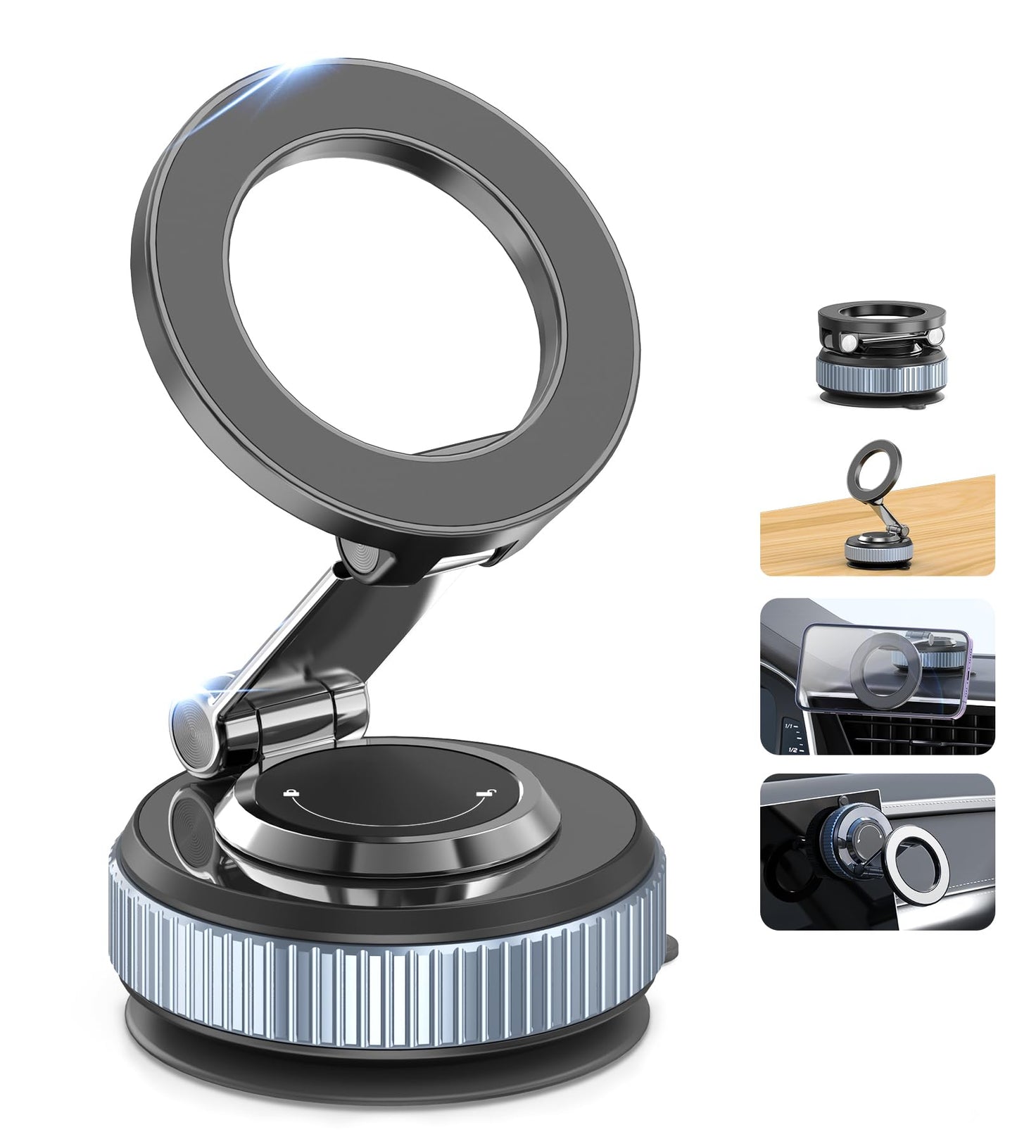 Gahenwo Vacuum Magnetic Car Phone Holder Stand,360° Adjustable Car Phone Mount for Magsafe with Suction Cup & Swivel Lock,Foldable Phone Holders for Your Car,Cell Phone Car Mount for iPhone & Android