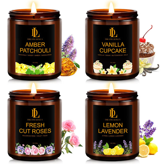4 Pack Scented Candles Gift Set, 28oz Soy Candle for Home Scented, Aromatherapy Candle Gifts for Women & Men, Scents of Fresh Cut Roses/Lemon Lavender/Vanilla Cupcake/Amber Patchouli