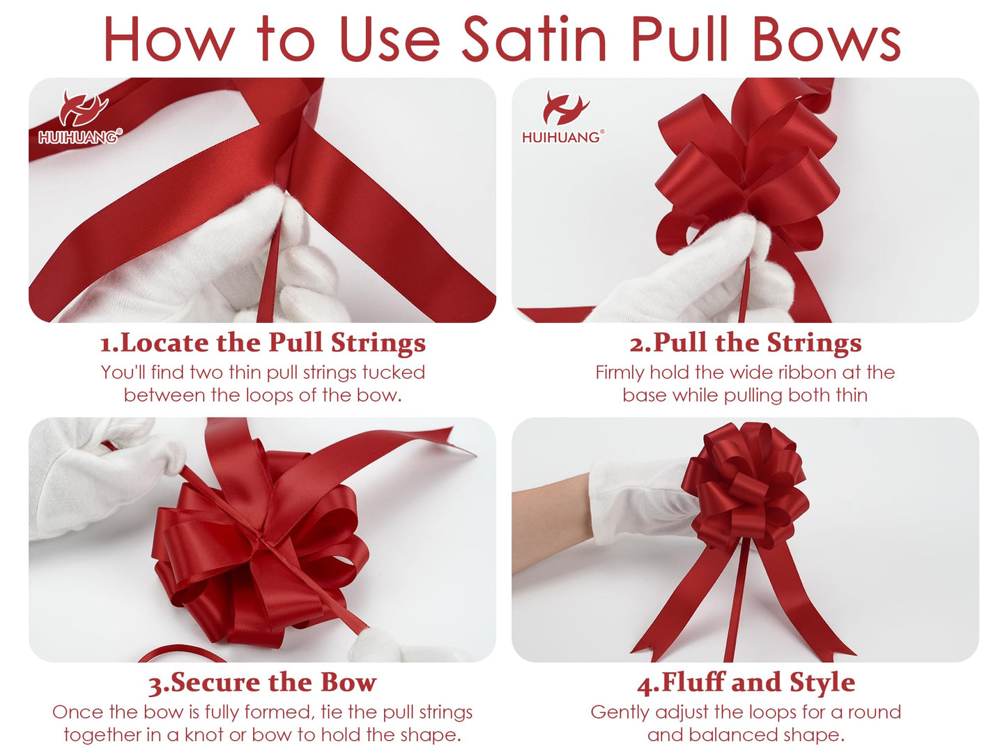 HUIHUANG Red Pull Bows for Gift Wrapping 4"x8" Red Christmas Bows 12 PCS Satin Gift Bow for Presents, Gift Basket, Paper Bag, Wrapping Accessories, Wreaths, Holiday Christmas Decor