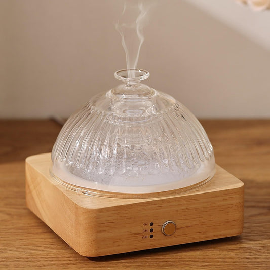 Lecdura Glass Essential Oil Diffuser with Glass Reservoir & Wood Base, 200ml Ultrasonic Lock Color Timer Auto-Off 7 Color Light Aroma Glass Dome Diffuser for Home Office Bedroom Yoga