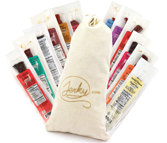 Jerky.com Exotic Meat Sticks Gift Bag | Wild Game Jerky Sampler with Venison, Elk & Wild Boar | 12pc High Protein Meat Snacks Variety Pack | Unique Gift Basket for Men, Dad, Hunters, Outdoorsmen
