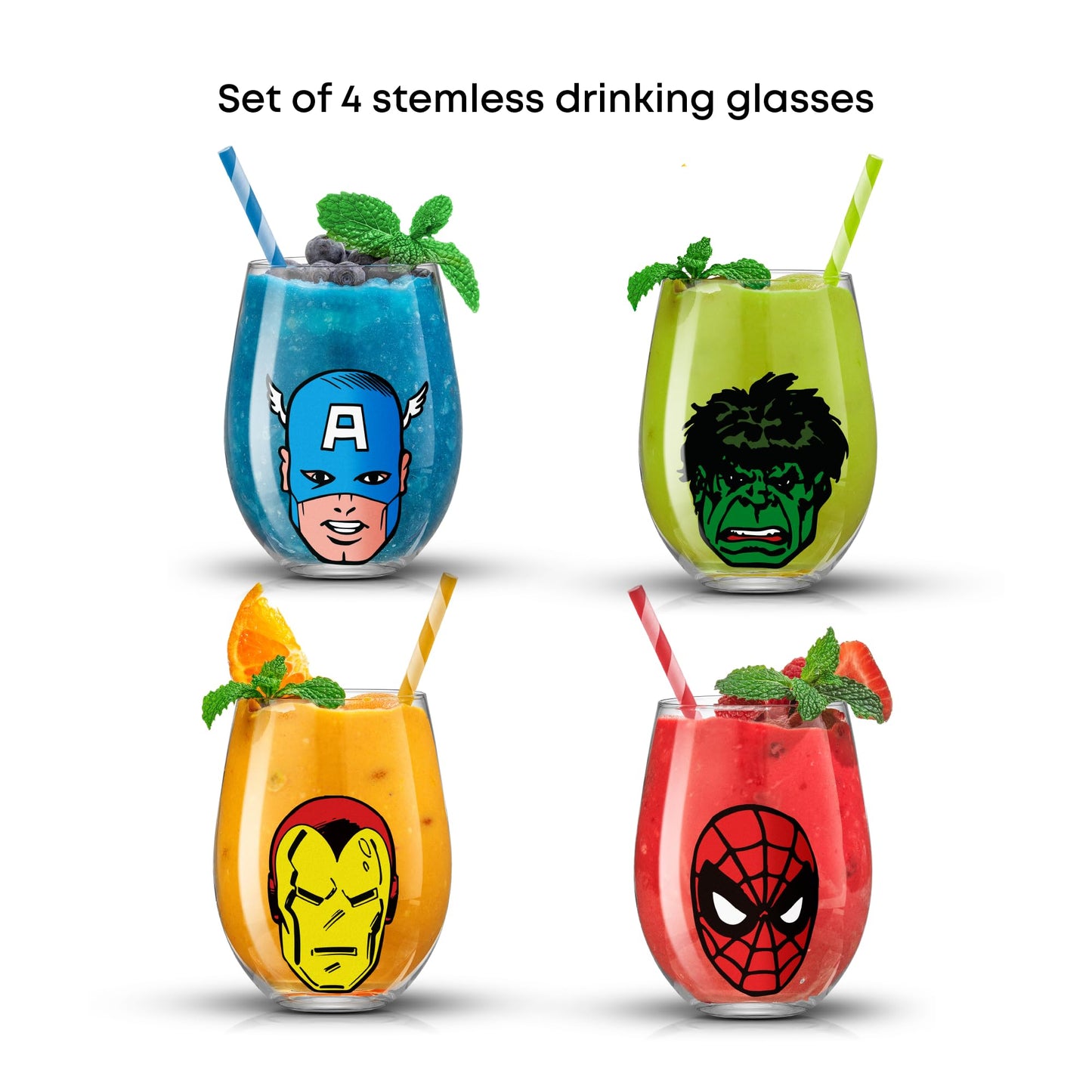 JoyJolt Marvel Heroes Stemless Drinking Glasses, 19oz Superhero Cups ft Hulk Captain America Spiderman and Iron Man, Avengers Glassware Set of 4, Marvel Gifts for Men and Women