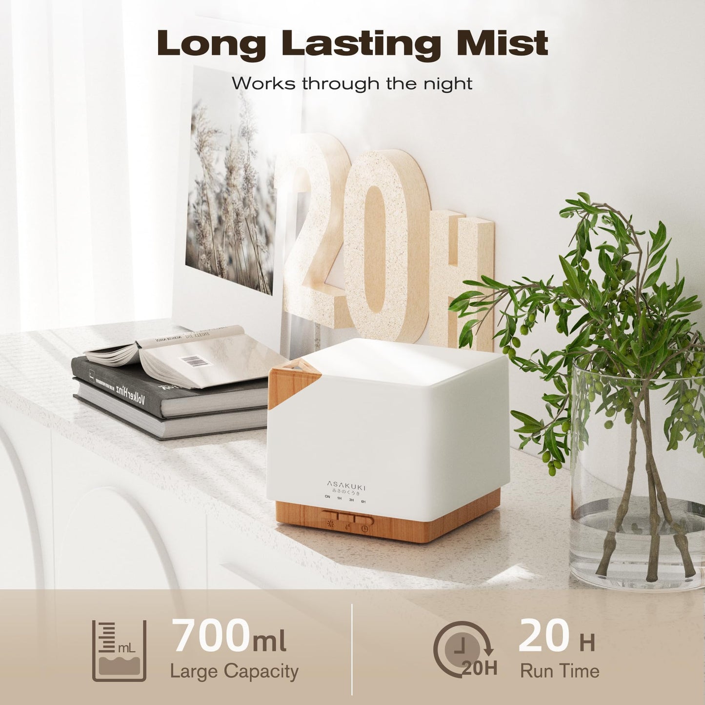 ASAKUKI 700 ml Premium Essential Oil Diffuser, 5 in 1 Ultrasonic Aromatherapy Fragrant Oil Vaporizer Humidifier, Timer and Auto-Off Safety Switch, 7 LED Light Colors