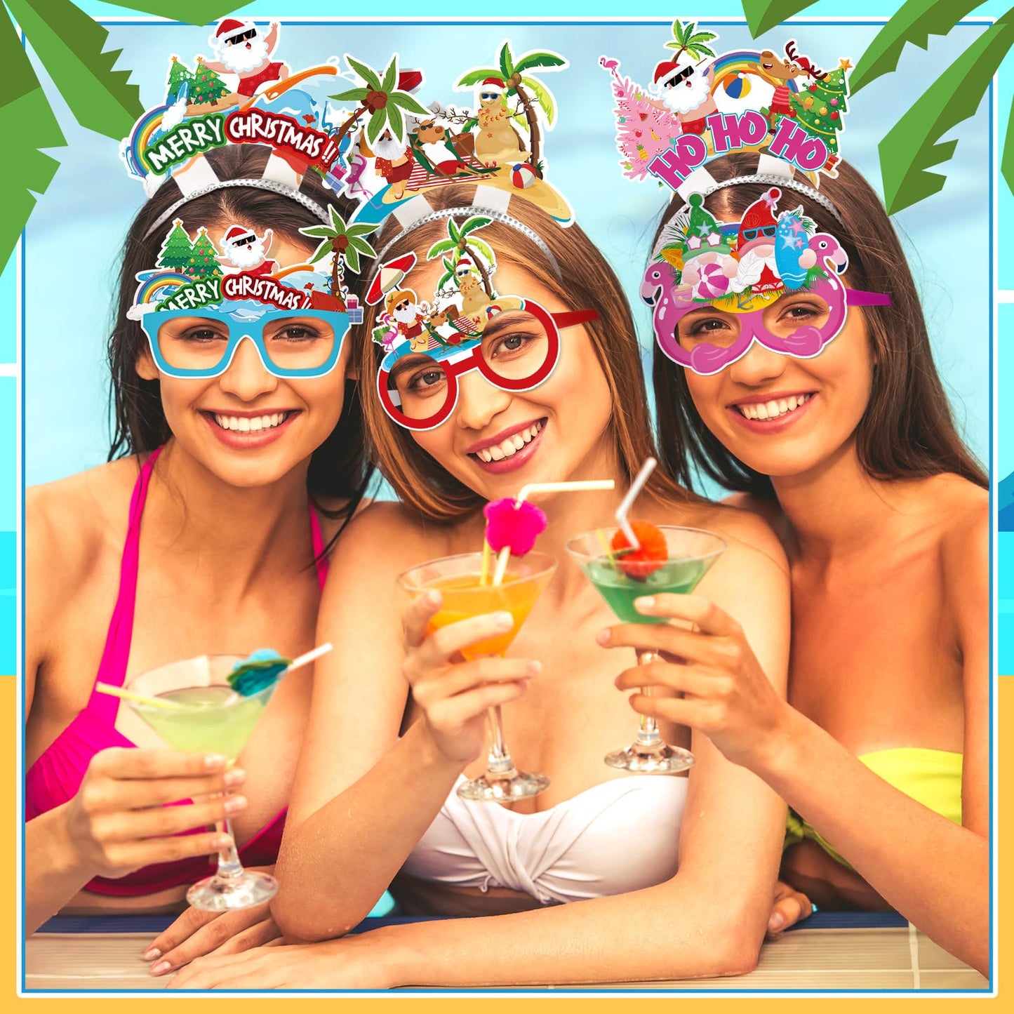 Yuxung 24 Pcs Christmas Party Favors, Summer Christmas Paper Eyeglasses and Headbands, Hawaiian Party Supplies Photo Booths Tropical Beach Santa Holiday Decorations