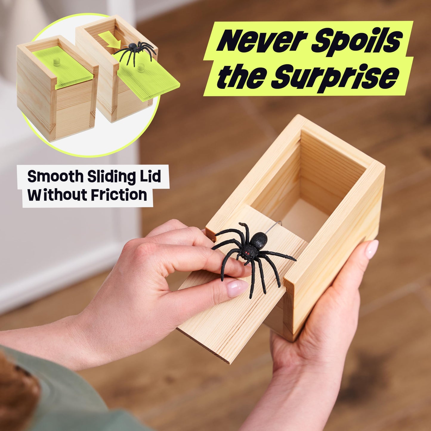 FunFamz The Original Spider Prank Box- Funny Wooden Box Toy Spider Prank, Hilarious April Fools Day, or Birthday Surprise Toy and Gag Gift Practical Joke Bromas Kit
