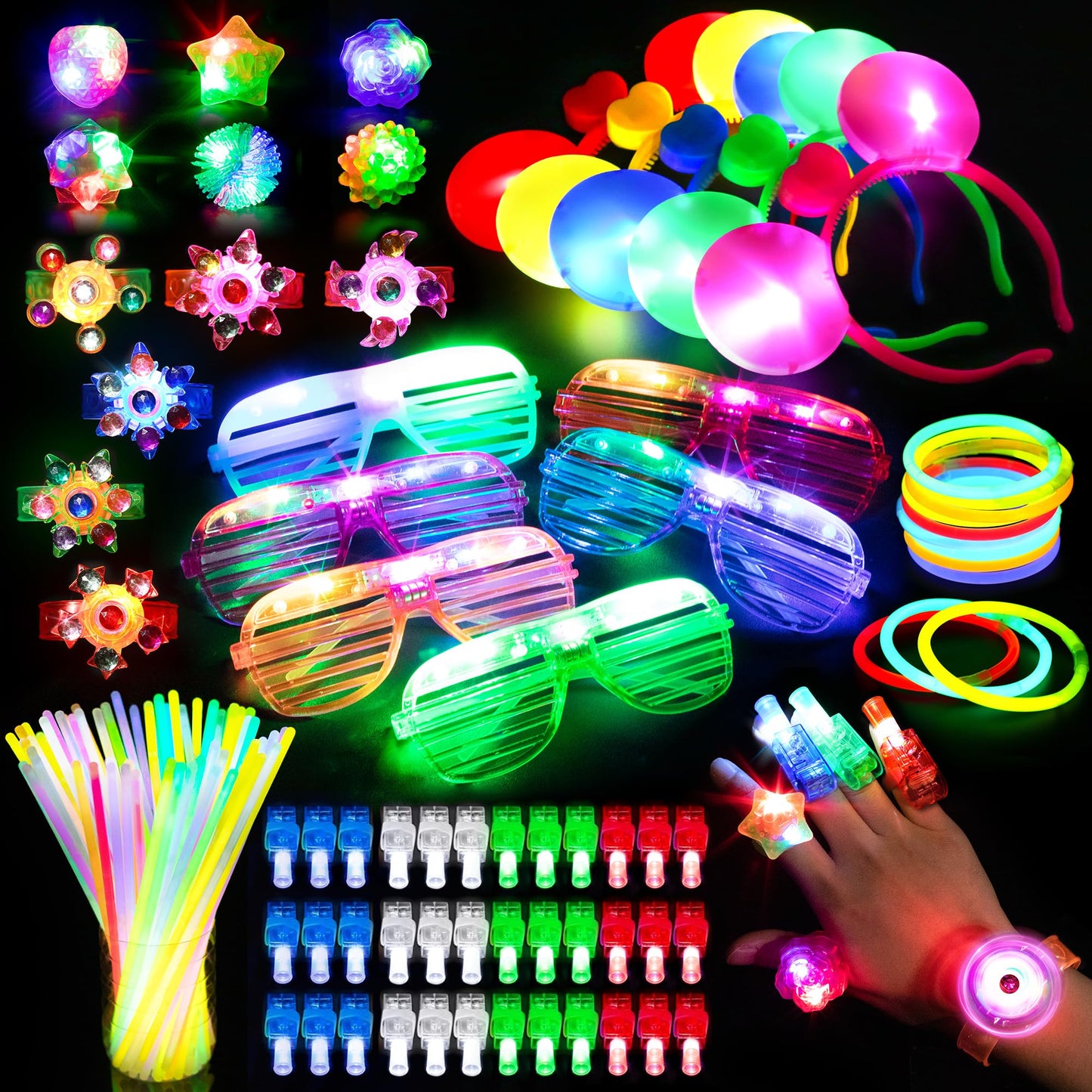 Mocoosy 103PCS Glow in the Dark Party Supplies, Light Up Party Favors for Kids, Neon Toys Bulk Party Pack With Glow Stick, Glasses, LED Bracelets, Finger Light, Ring, Headbands for Halloween, Carnival