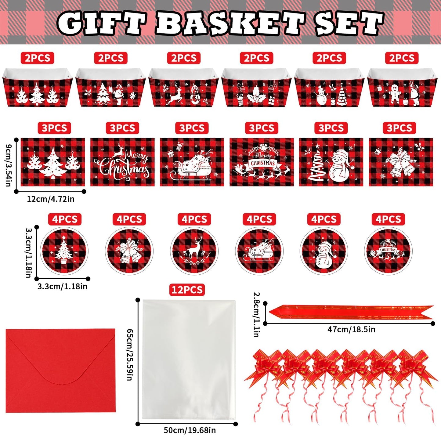 96PCS Christmas Basket for Gifts Holiday DIY Bulk Gift Basket Empty Buffalo Plaid Christmas Gift Baskets Empty to Fill Large Gift Baskets Empty Bulk For Beautiful Gifts Holiday Xmas Party Decorations