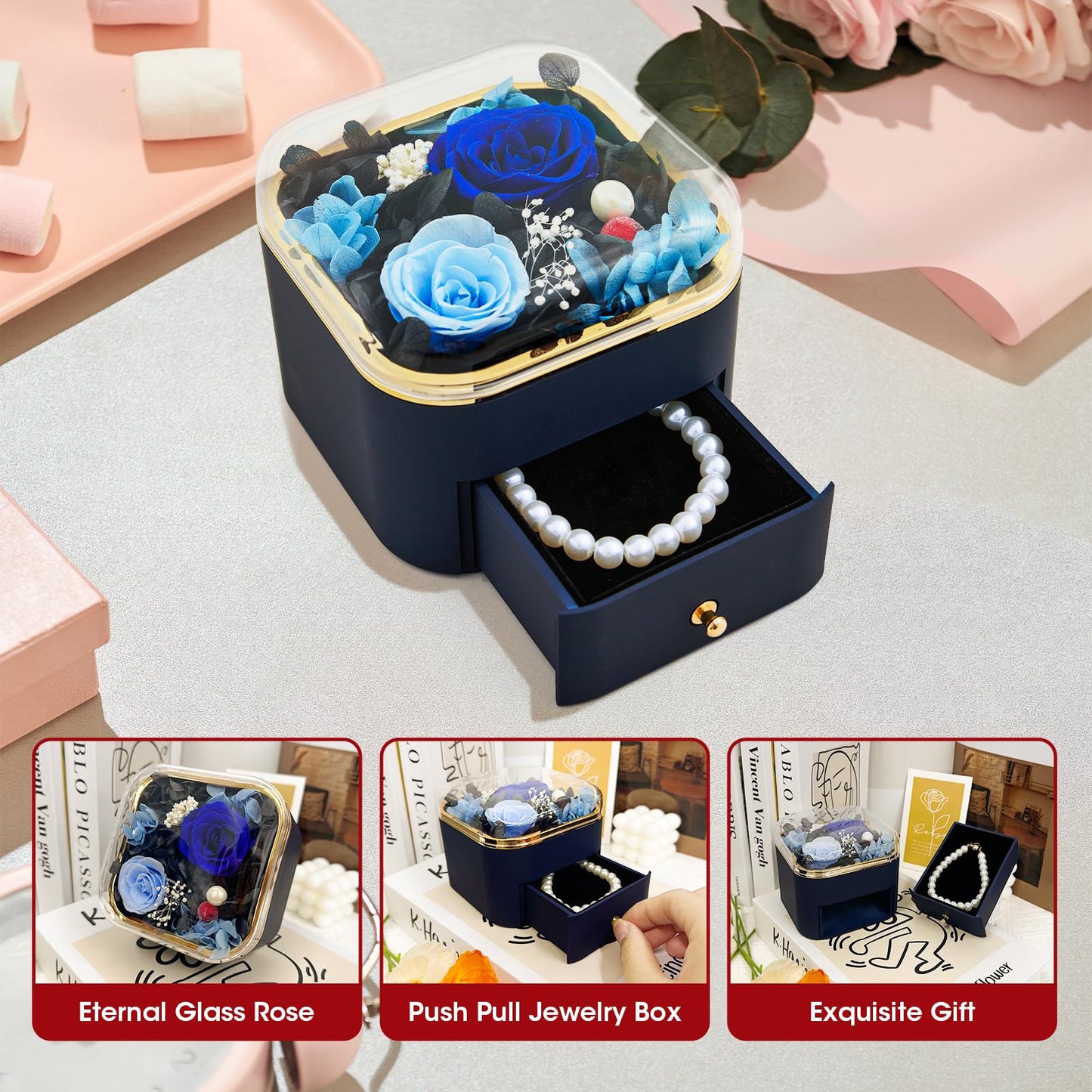 INYPTROPIC Preserved Real Rose with Pearl Bracelets Forever Flowers Jewelry Box for Mom Wife Girlfriend Grandma on Mothers Day Birthday Valentines Christmas Anniversary Beatiful Gifts for Women
