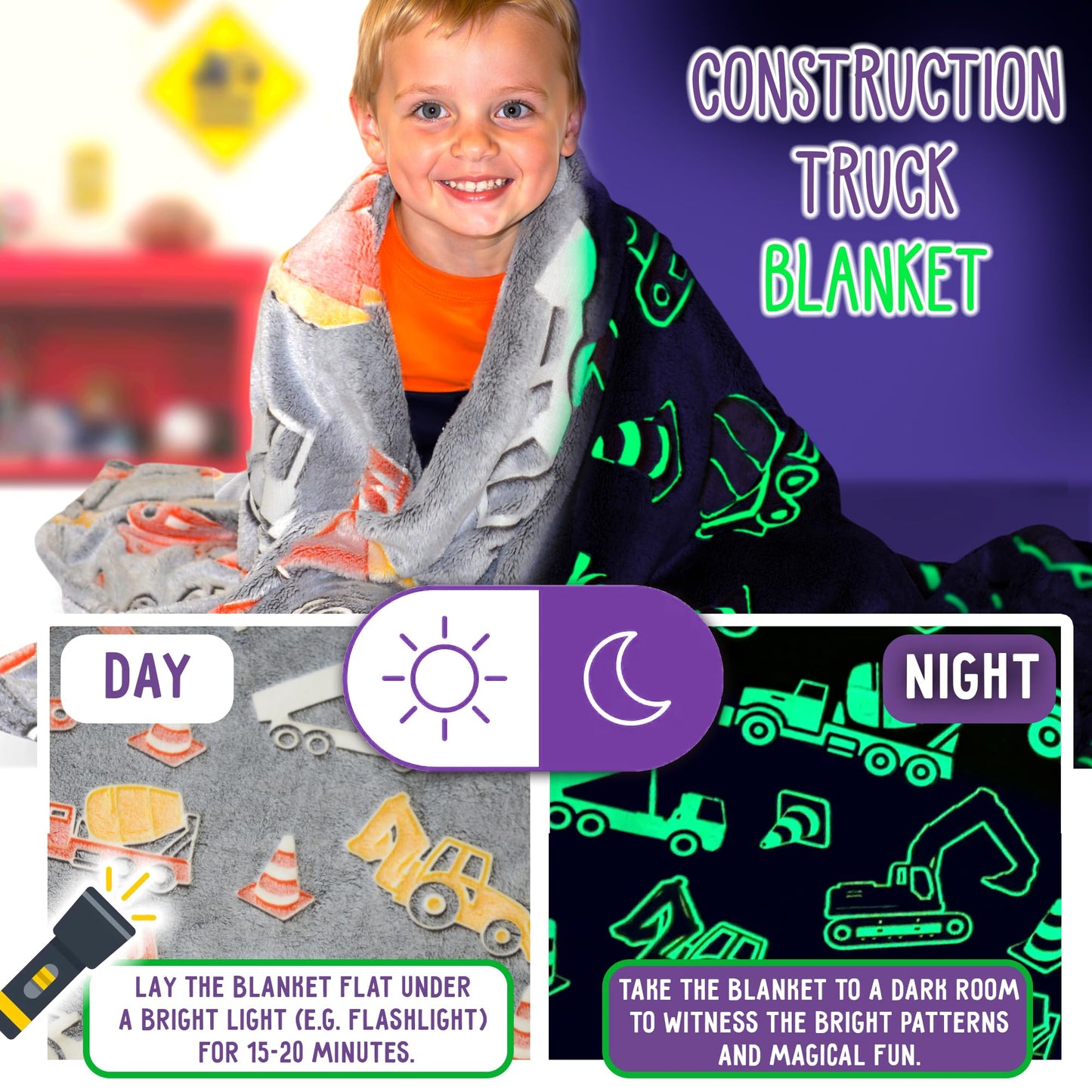 Construction Truck Glow in The Dark Blanket - Luminous Tractor Blanket for Kids - Soft Plush Digger Dump Truck Excavator Throw for Boys - Large 60inx50in Glowing Big Trucks Toddler Gift
