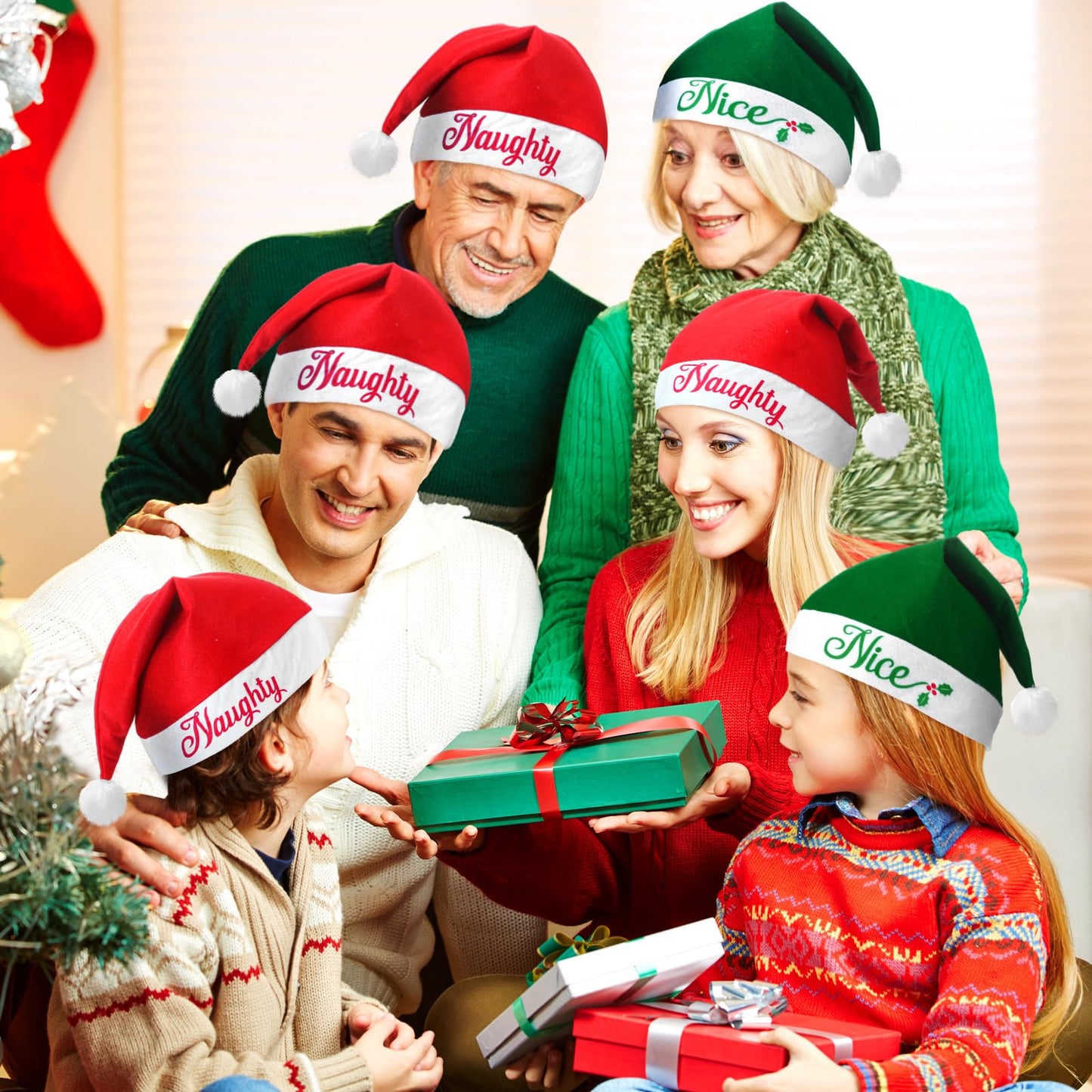 Shinymoon 24 Pieces Christmas Santa Hats Non Woven Fabric Naughty and Nice Santa Hats for Adult Men Women Kids Party Holiday (Red Color, Green Color)