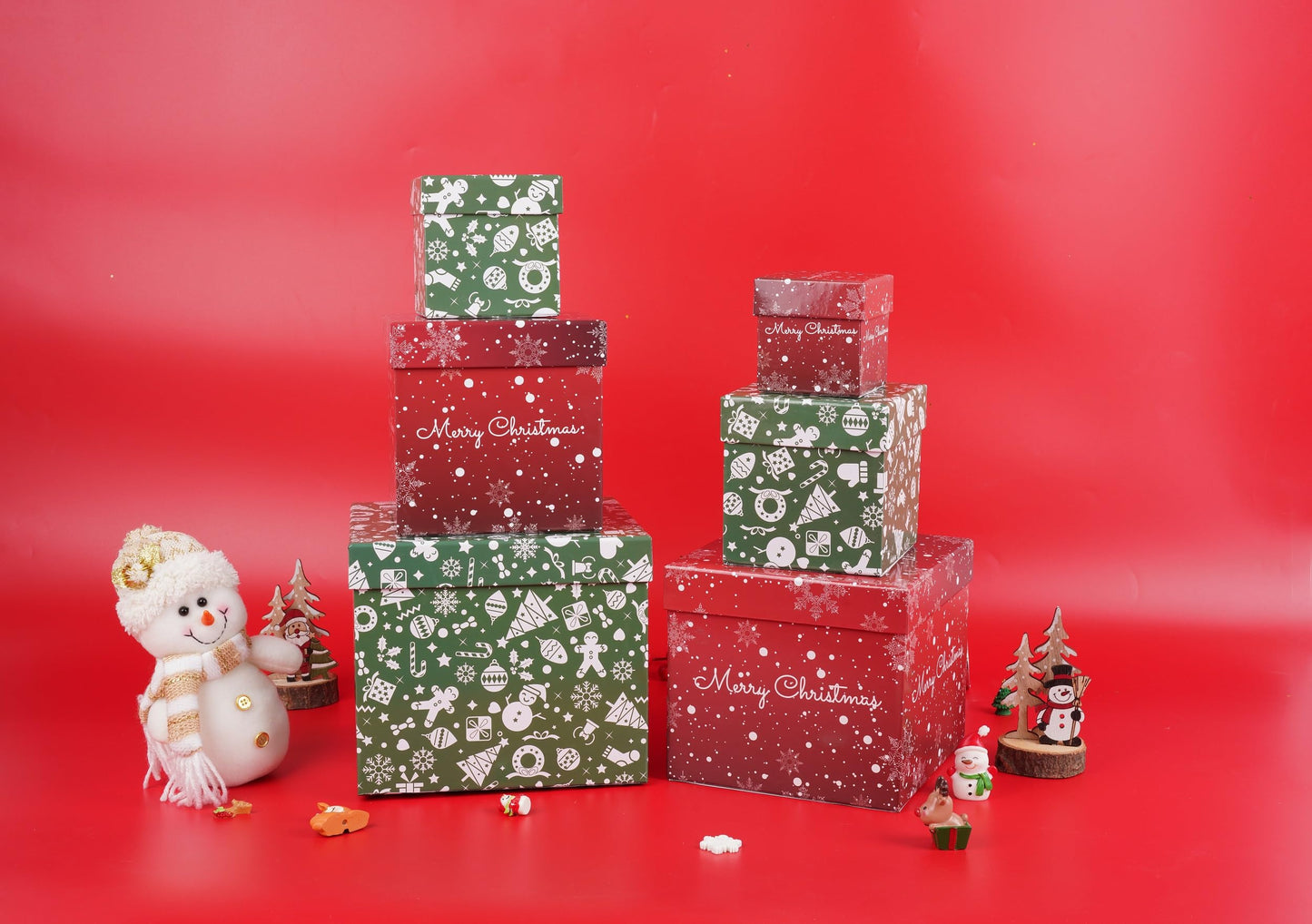 Lyforpyton 6PCS Christmas Nesting Gift Boxes with Lids Xmas Nested Box Set Red Green Square Stackable Gift Box for Christmas New Year Packaging