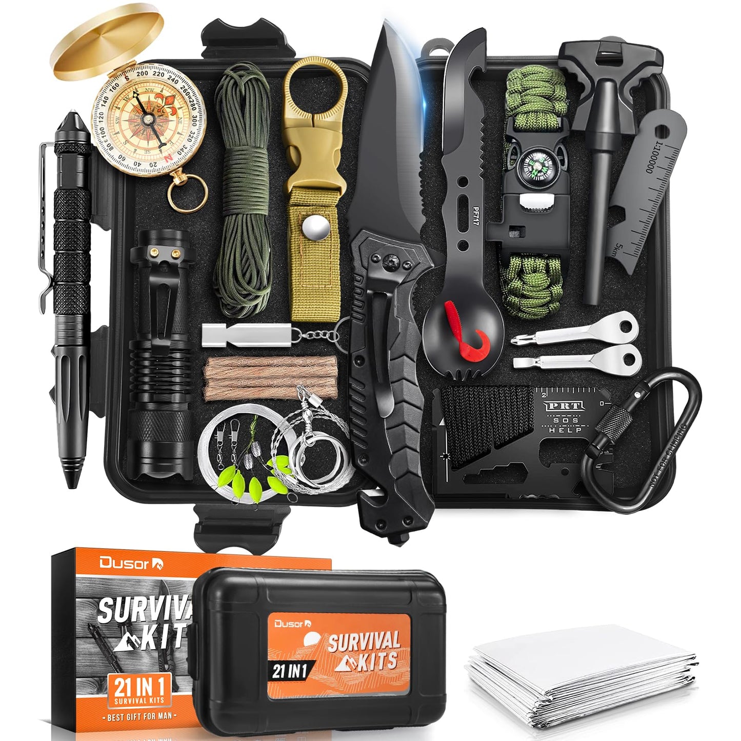 Dusor 21 in 1 Survival Kit Gifts for Men, Hunting Fishing Gifts for Dad Boyfriend, Survival Gear and Supplies, Fishing Gear and Equipment, Husband Camping Essentials, Gifts for Men Who Have Everything