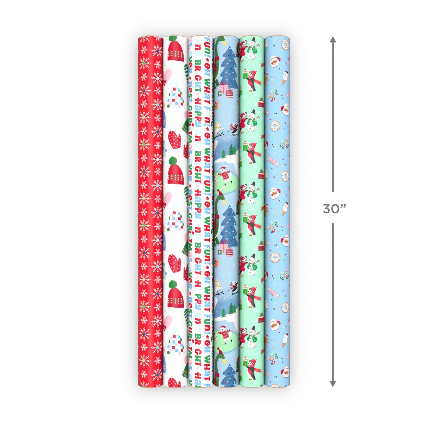Hallmark Reversible Christmas Wrapping Paper Rolls for Kids (6 Rolls: 150 Sq. Ft. Total) Cookies, Donuts, Mittens, Penguins, Dinosaurs