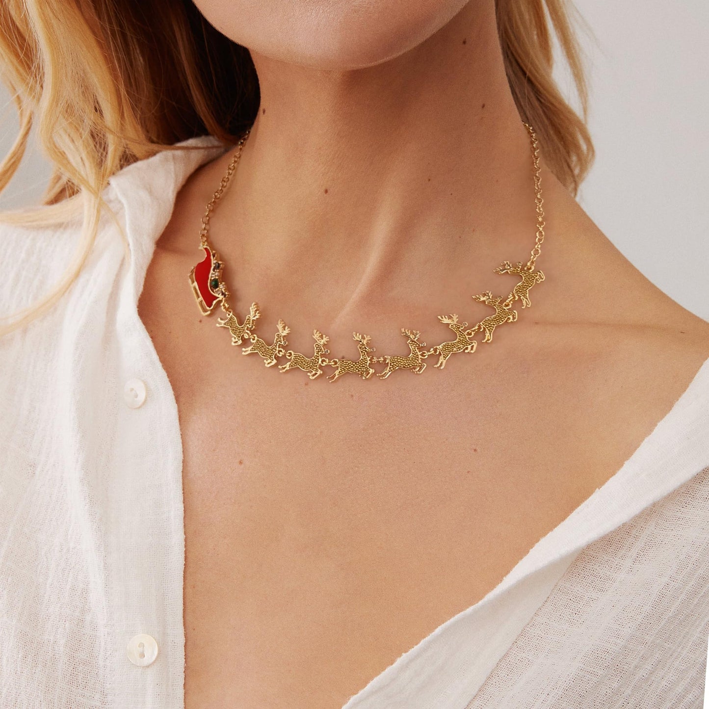 LILIE&WHITE Gold Christmas Necklace For Women Sleigh Reindeer Necklace With Colorful Rhinestone Christmas Jewelry Xmas Statement Necklace Santa Claus Bib Necklace