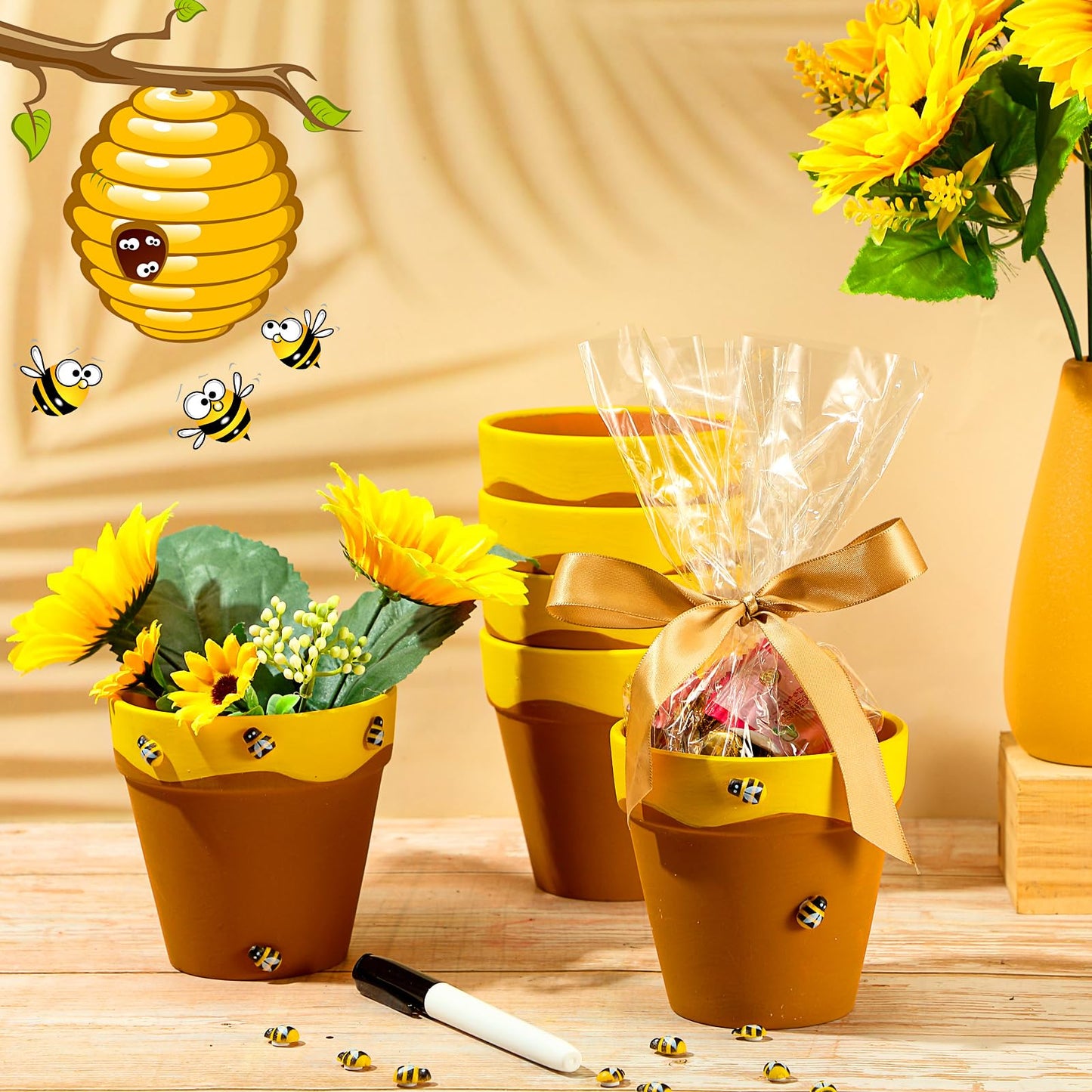 Leinuosen 24 Pcs Honey Bee Pot, 3 Inch Honey Jars for Cupcake, Planter, Bee Themed Party Favors for Baby Shower 1st Birthday Party Supplies and Wedding Gifts (Yellow and Brown)