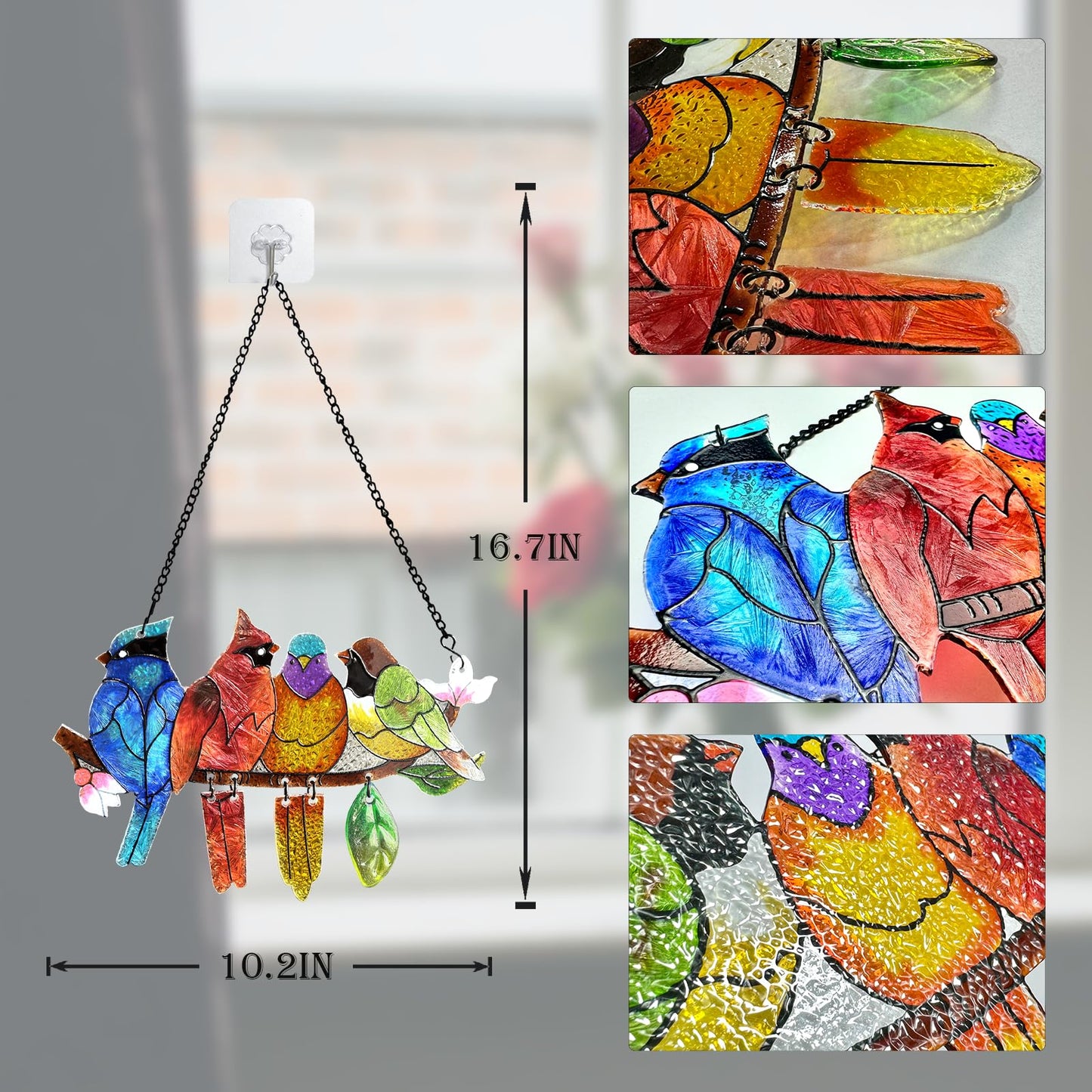 DASTOLL Stained Glass Window Hanging - Hummingbird on Branch Suncatcher Hand-Painted Double Side Stain Glass Cardinal Gifts Sun Catcher for Windows Doors Room Outdoor Home Decoration