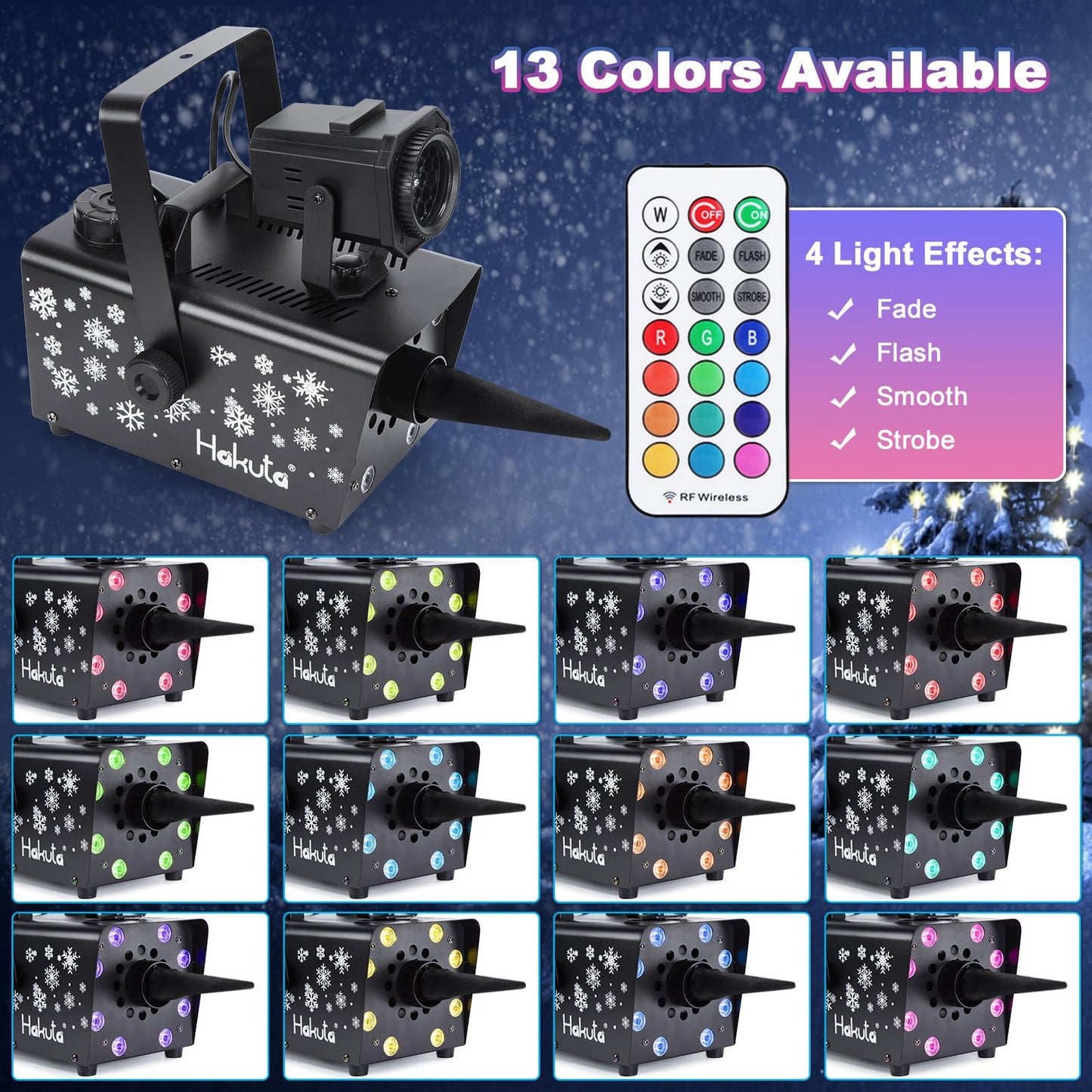 Hakuta Upgraded 800W Snow Machine with 8 LED RGB Lights, LED Projection, and 2 Wireless Remotes, Perfect for Christmas, Halloween,Parties, Wedding and DJ Stage …