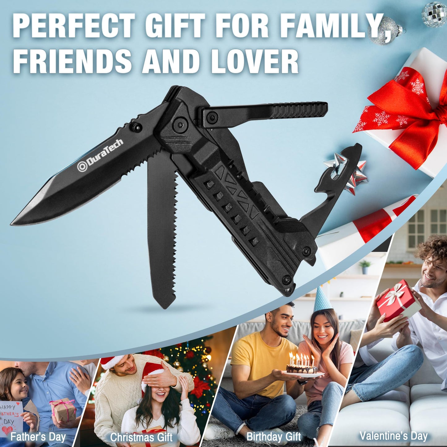 DURATECH 20 in 1 Multitool with Safety Locking, Pocket Tool with Pocket Knife, Screwdriver, Saw, Can Opener, Bottle Opener, Whistle, Fire Starting Sticks, Multi Tool for Outdoor, Hunting, Hiking