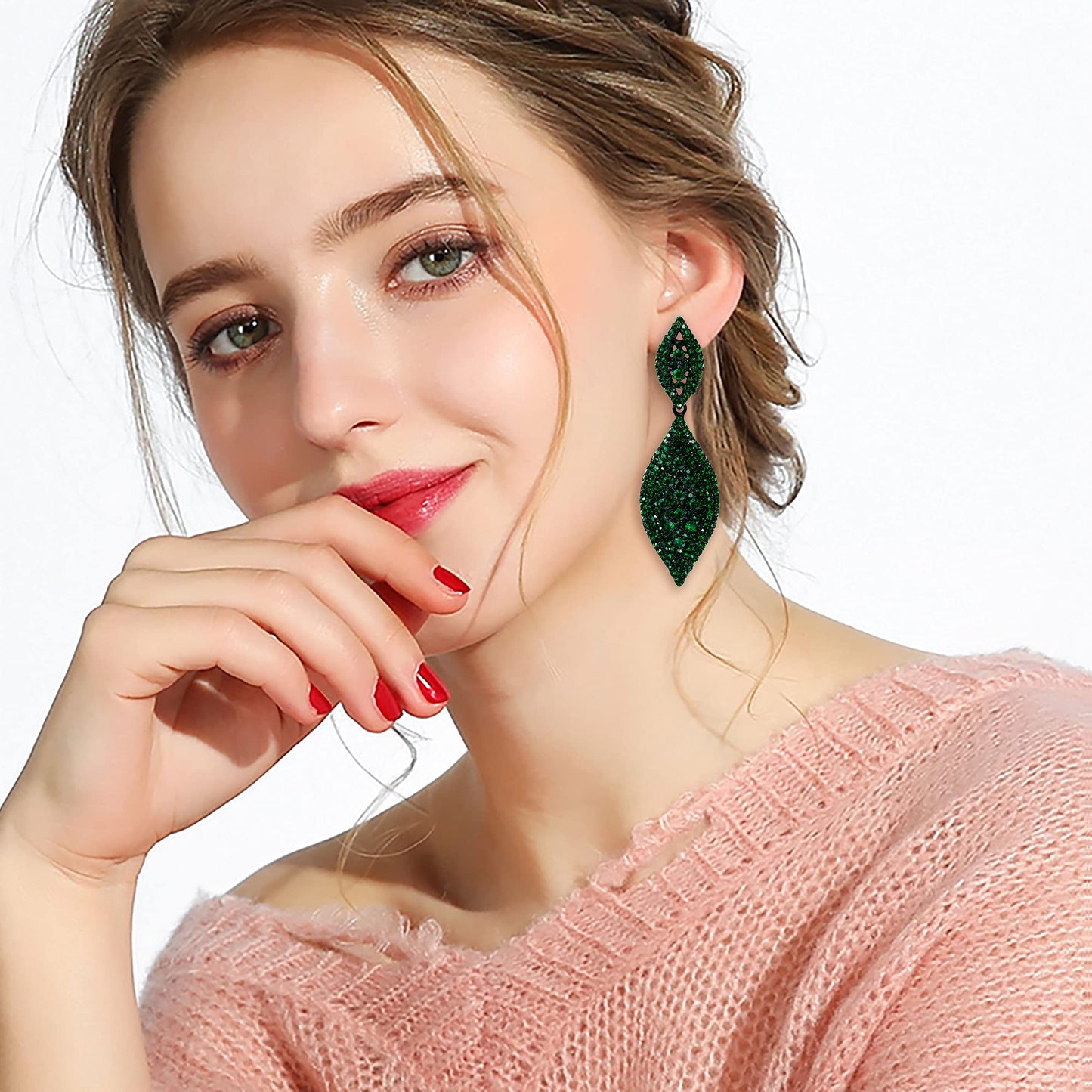 Flyonce Women's Rhinestone Crystal Wedding Bridal 2 Leaf Drop Dangle Chandelier Earrings Large Big Costume Statement Earring Green Black-Tone 3.3"