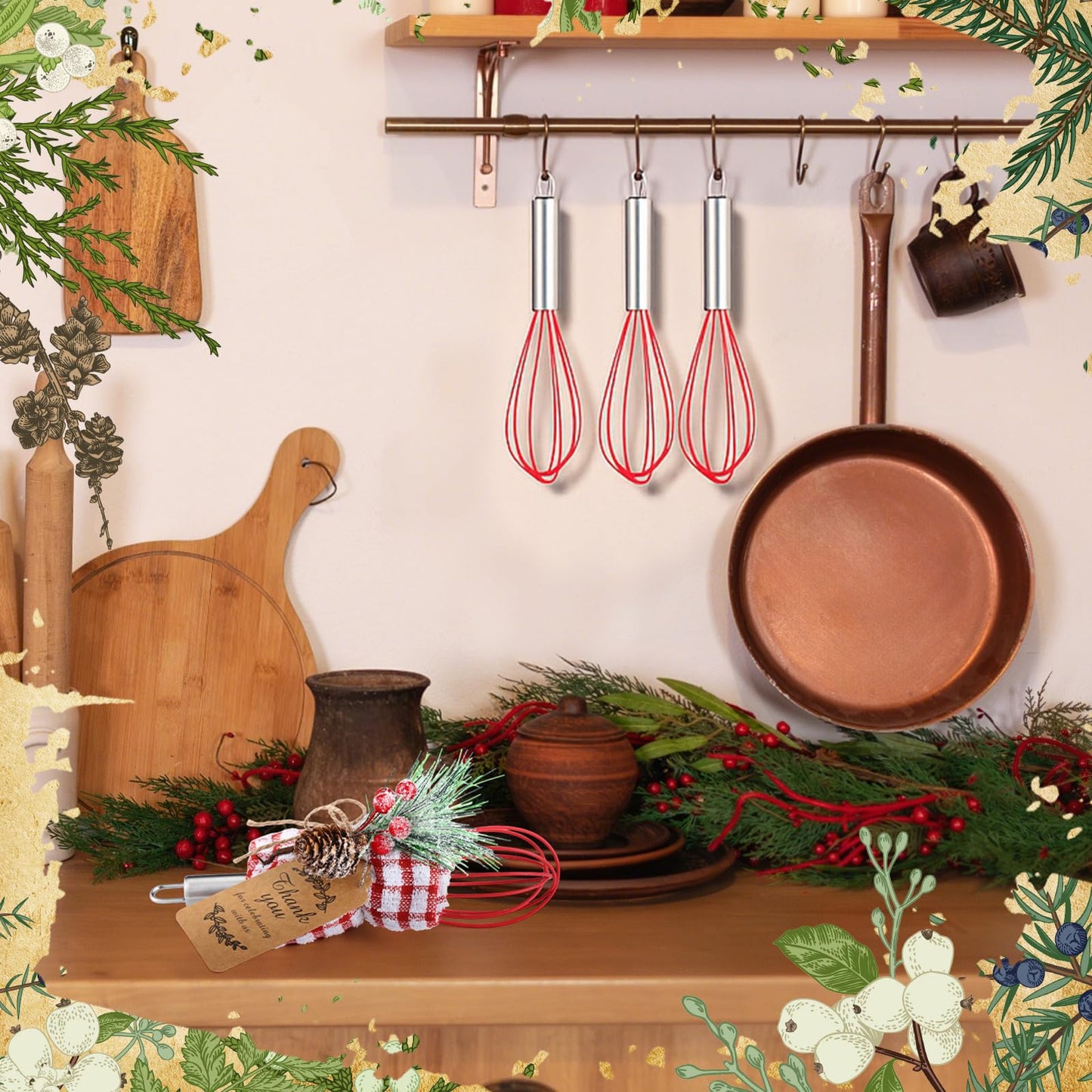 FoldTier 12 Sets Christmas Whisk Baking Supplies Gifts Sets Include Stainless Steel Whisk, Greeting Card, Snowfall Pine Branches, Plaid Towel, Rope for Xmas Neighbor Employee Stocking Stuffers Cooking