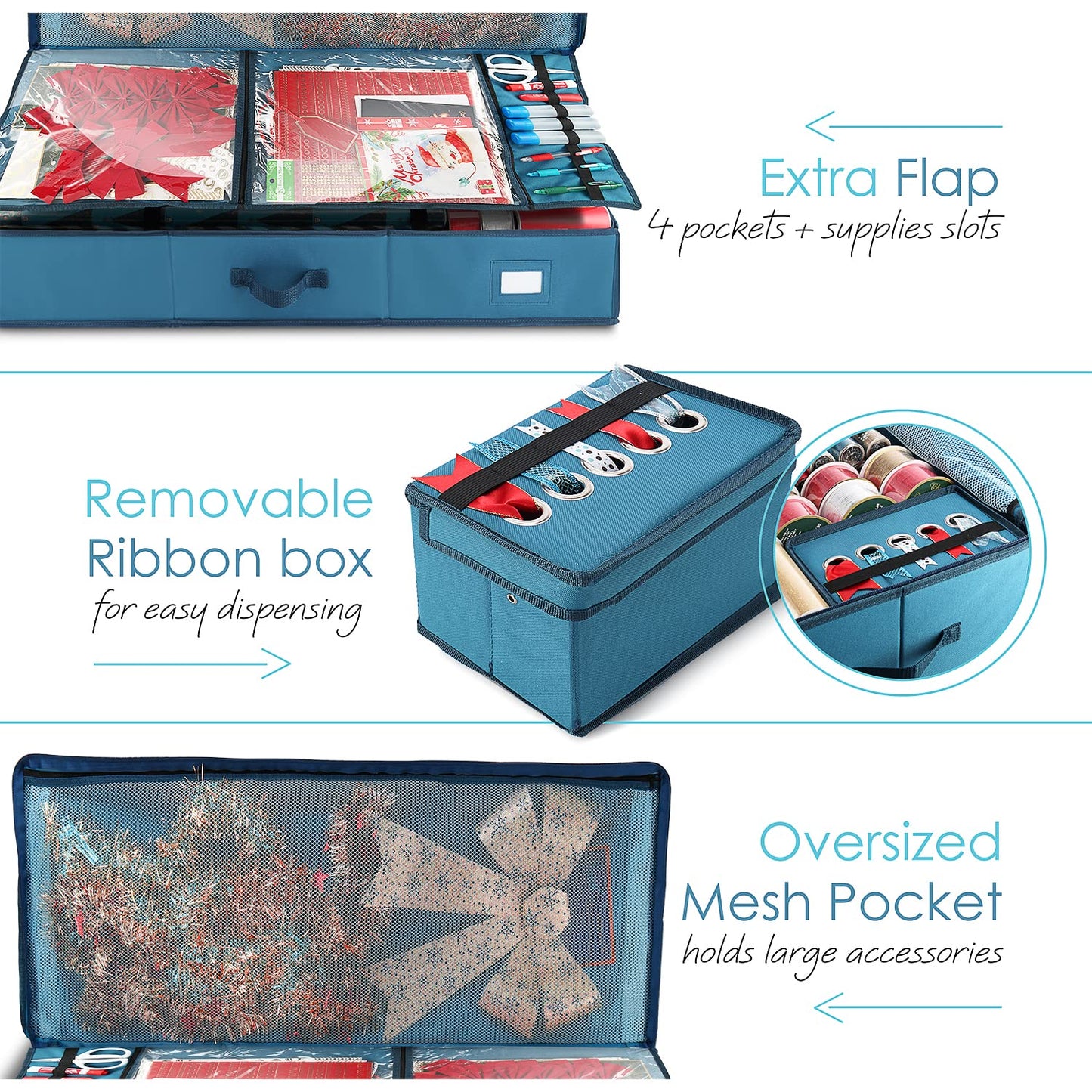 Hearth & Harbor Wrapping Paper Storage Container - Christmas Storage Bag with Ribbon Dispenser and Interior Pockets - Gift Wrap Organizer Fits Up to 26 Rolls of 40" Length, Blue