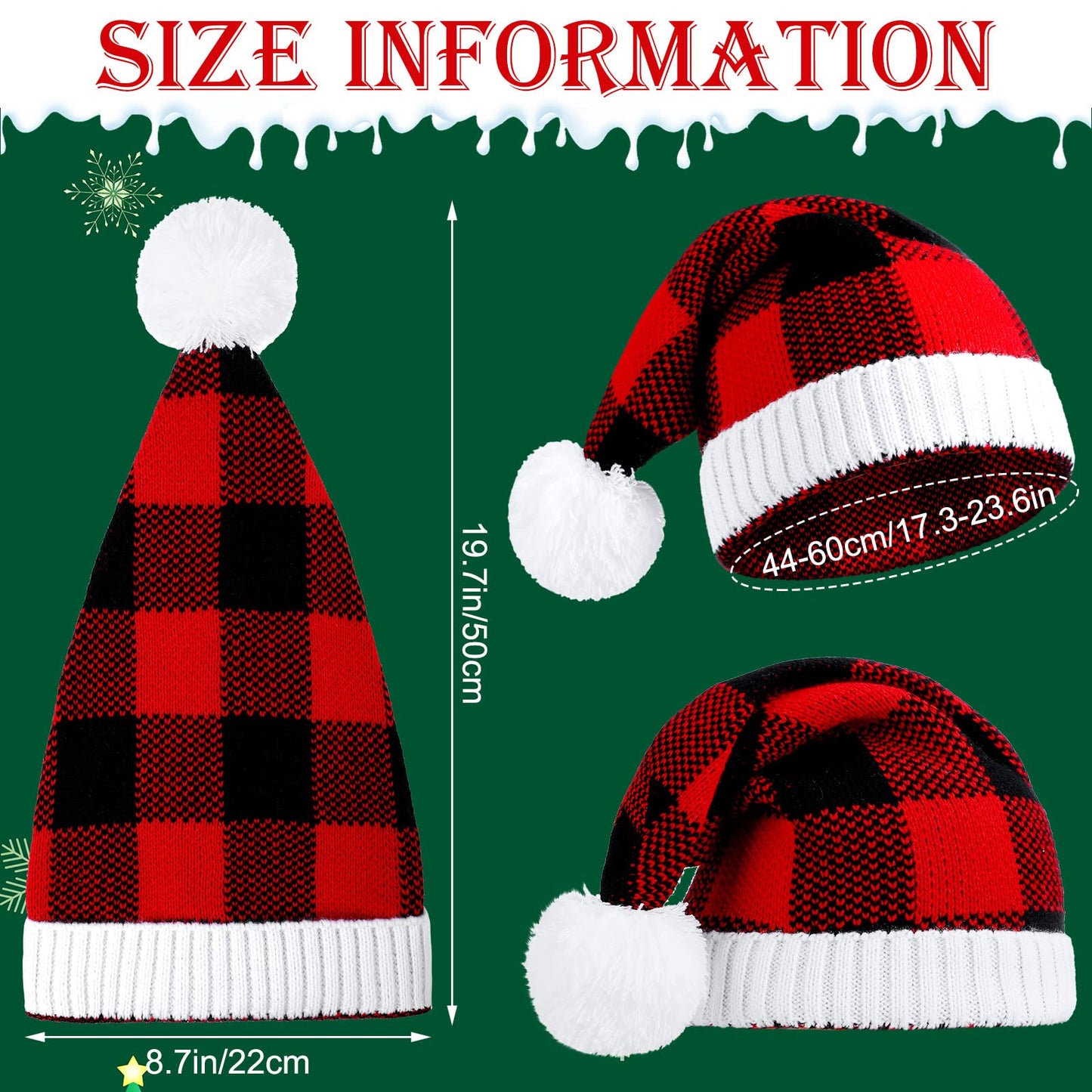 Loopeer 3 Pieces Christmas Hats Christmas Knitted Caps Winter Warm Beanie Plaid Hats with Pom Pom Santa(Red, Black)