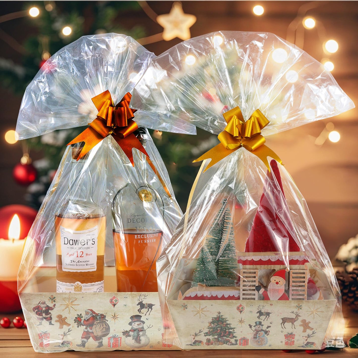 Kolewo4ever 36Pcs 12 Pack Christmas Basket Gifts Set 8x10'' Gifts Baskets for Gifts Empty to Fill with Baskets Empty, Vintage Style Xmas Basket Bags,Pull Bows for Christmas Holiday