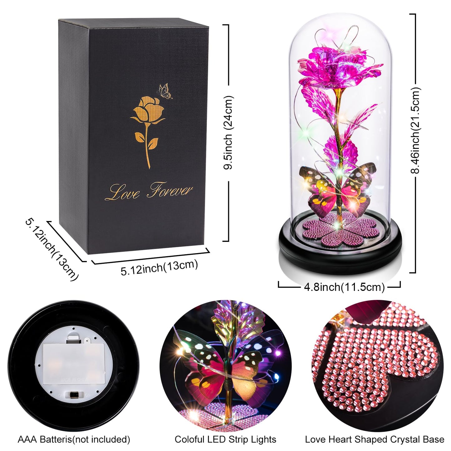 Birthday Gifts for Women Mom, Galaxy Glass Rose Forever Eternal Crystal Flower Light Up Rose in Glass Dome with Butterfly Mothers Day Christmas Rose Gifts for Her Wife Grandma Daughter Friends Pink