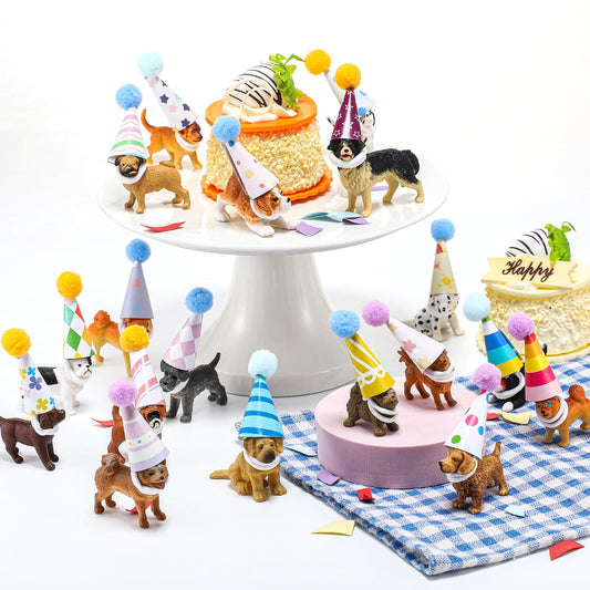 Simgoing 36 Pcs Mini Dog Birthday Party Decorations Mini Birthday Hat with Pom Poms Puppy Figure Model Cake Toppers with Hat for Dog Lovers Animals Themed Party