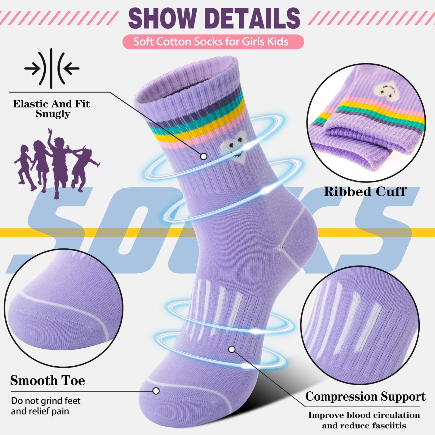 Sandsuced Kids Girls Socks Athletic Sport Basketball Youth Cotton Crew Soft Colorful Heart Gift Outdoor Socks 6 Pairs Stocking Stuffers(Colorful Stripes Face,9-15 Years)