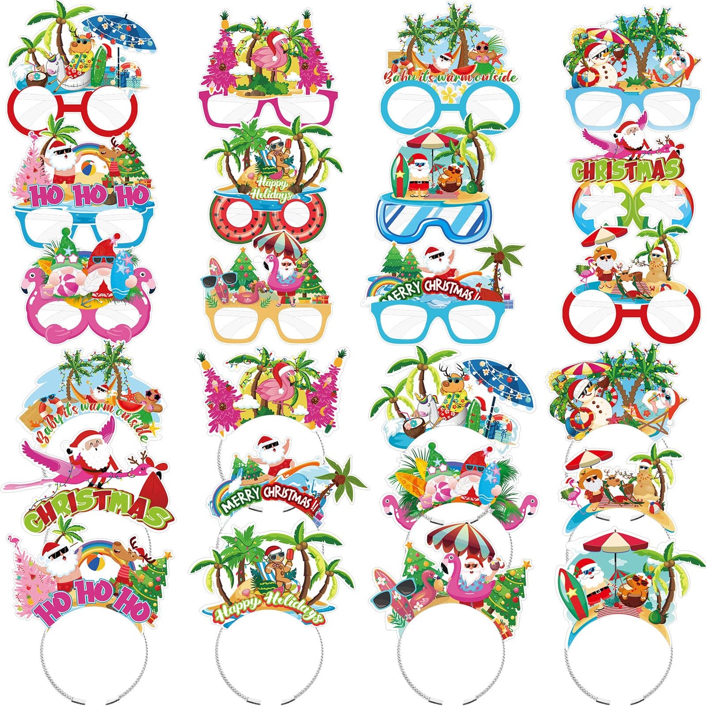 Yuxung 24 Pcs Christmas Party Favors, Summer Christmas Paper Eyeglasses and Headbands, Hawaiian Party Supplies Photo Booths Tropical Beach Santa Holiday Decorations