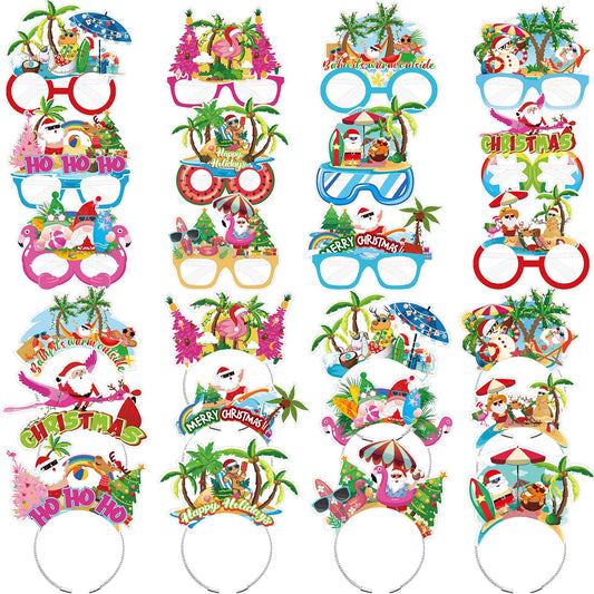 Yuxung 24 Pcs Christmas Party Favors, Summer Christmas Paper Eyeglasses and Headbands, Hawaiian Party Supplies Photo Booths Tropical Beach Santa Holiday Decorations
