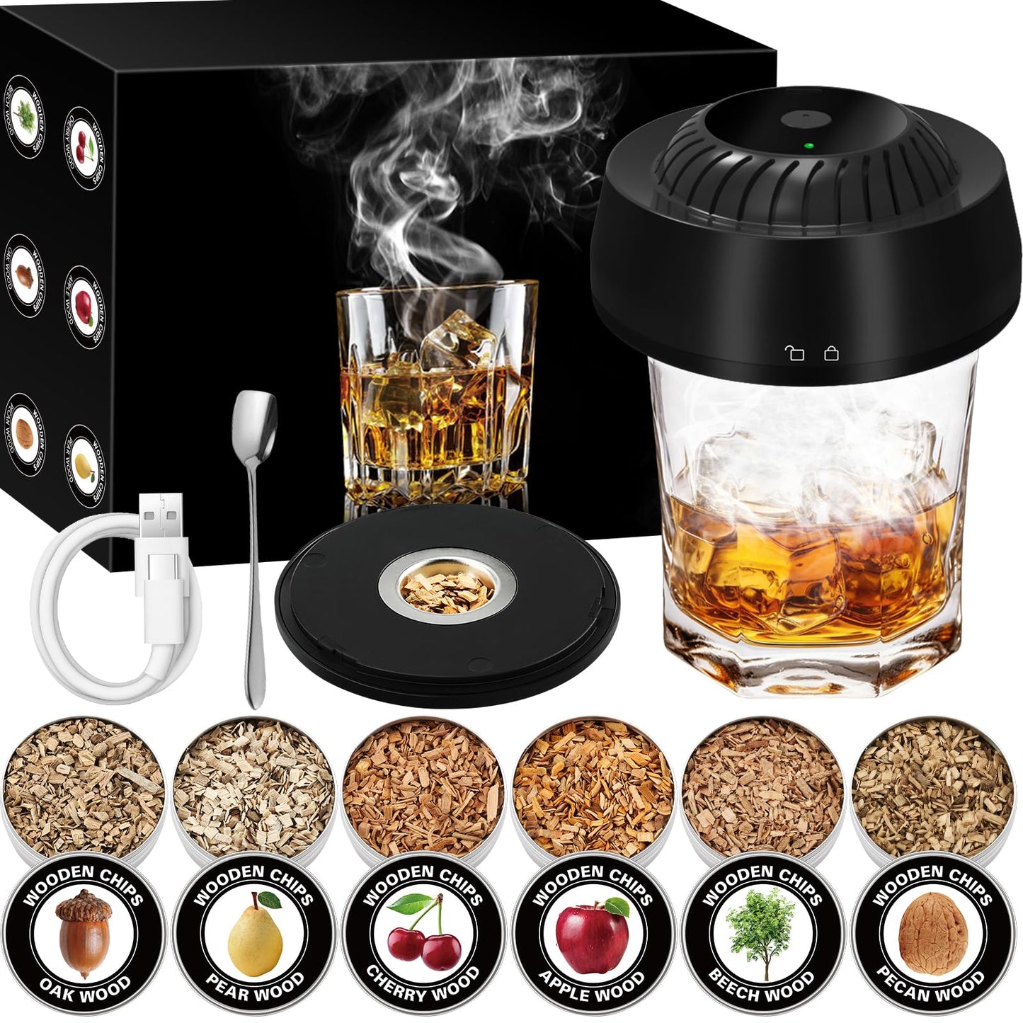 Whimypey Electric Whiskey Smoker Kit with 6 Wood Chips, Electric Cocktail Smoker Kit Built-in Lighter, No Butane Needed, Gifts for Christmas, Gifts for Men, Dad, Husband