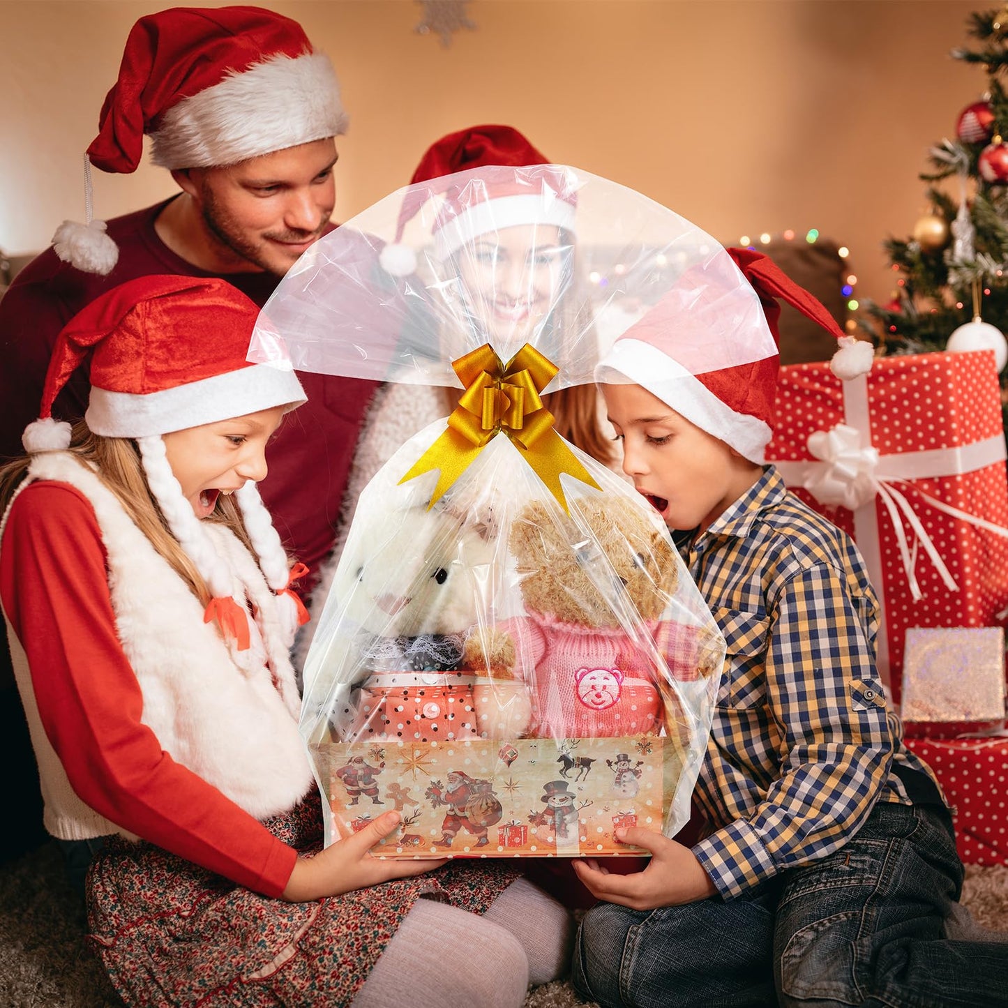 Kolewo4ever 36Pcs 12 Pack Christmas Basket Gifts Set 8x10'' Gifts Baskets for Gifts Empty to Fill with Baskets Empty, Vintage Style Xmas Basket Bags,Pull Bows for Christmas Holiday