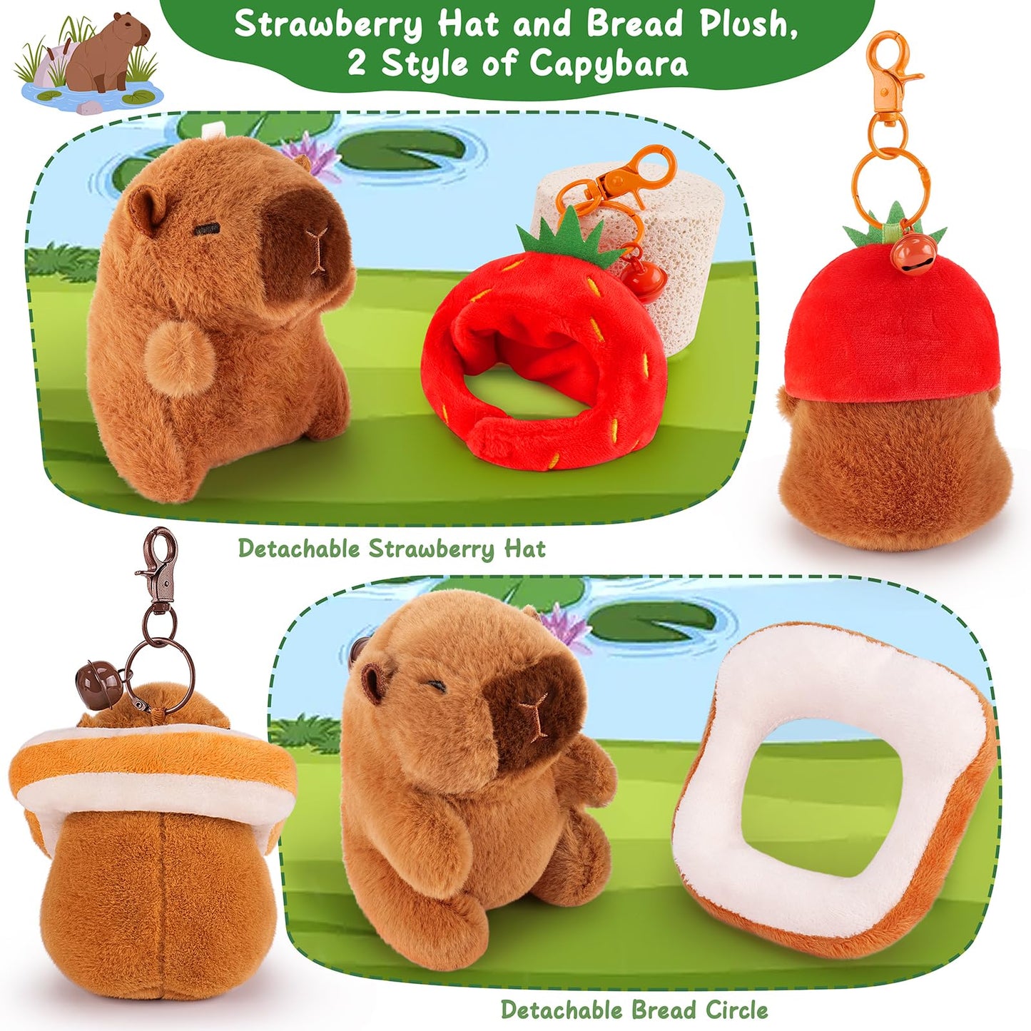 Achwishap 2PCS Capybara Plush Keychain,Cute Keychain Capybara Stuffed Animal,Soft Capybara Plushies Toys Key Chain,Kawaii Plush Stuffed Toys for Kids Adults(Capybara Strawberry Hat,Capybara Bread)