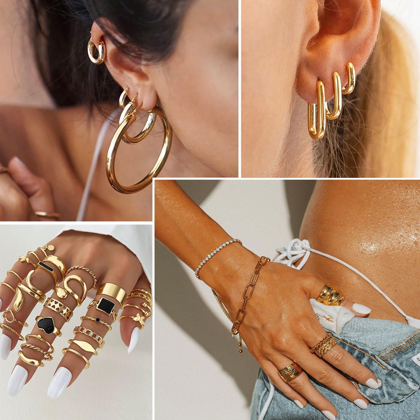 59 Pcs(8 Pack) Gold Plated Jewelry Set For Women With 8 Necklace 12 Bracelet 27 Ring 12 Pair Earring Hoop Simple Sparkle For Happy