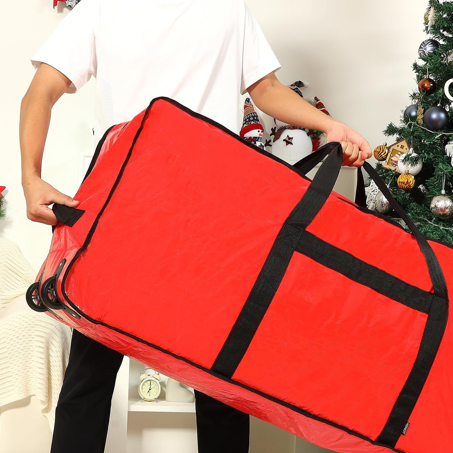 HOMEST Christmas Tree Storage Bag, Fits for 9 ft Xmas Artificials, Zippered Box with Reinforced Carrying Handles and Wheels, Red (Bag Only)
